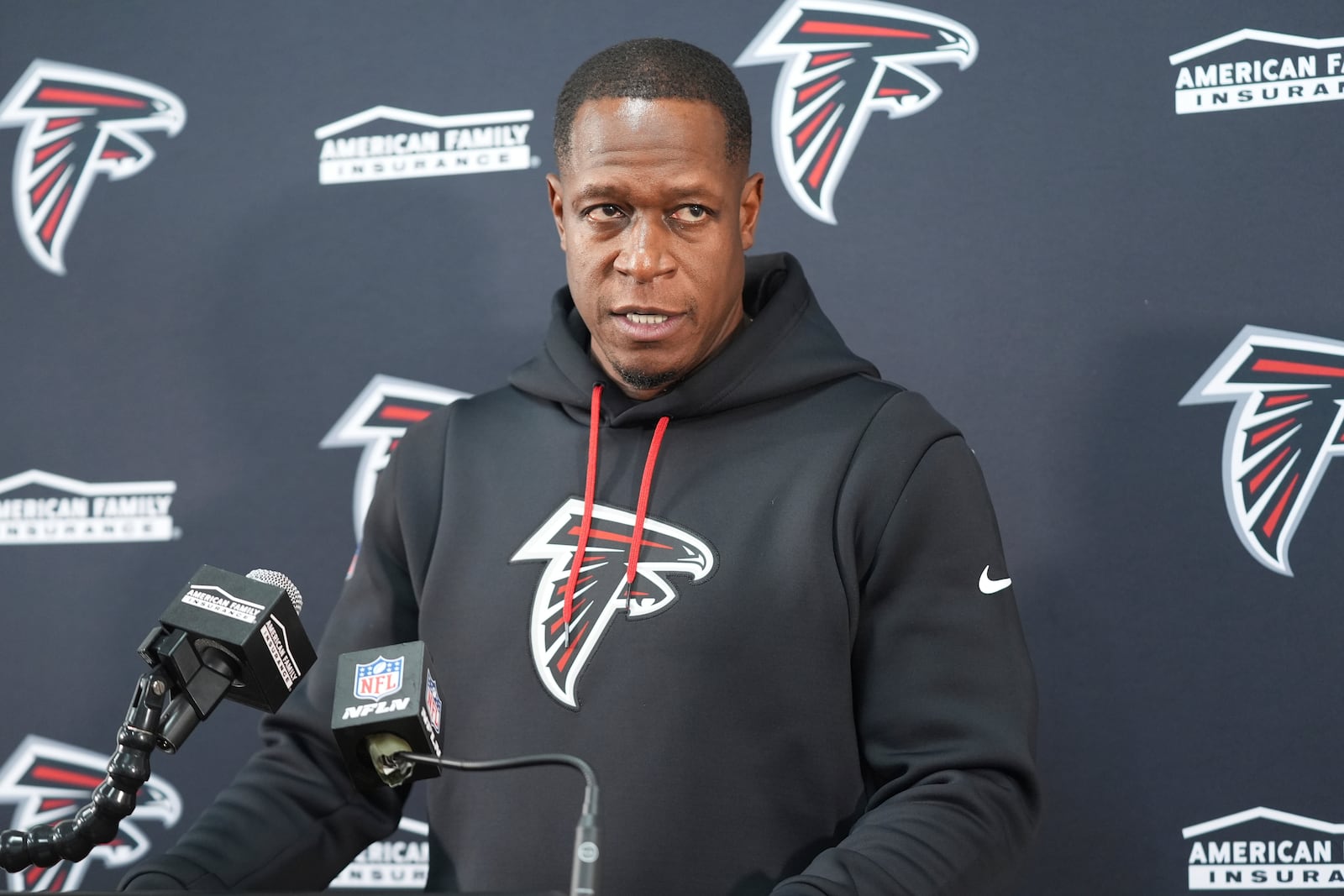 Atlanta Falcons head coach Raheem Morris talks to reporters after an NFL football game, Sunday, Dec. 29, 2024, in Landover, Md. The Commanders won in overtime 30-24. (AP Photo/Stephanie Scarbrough)