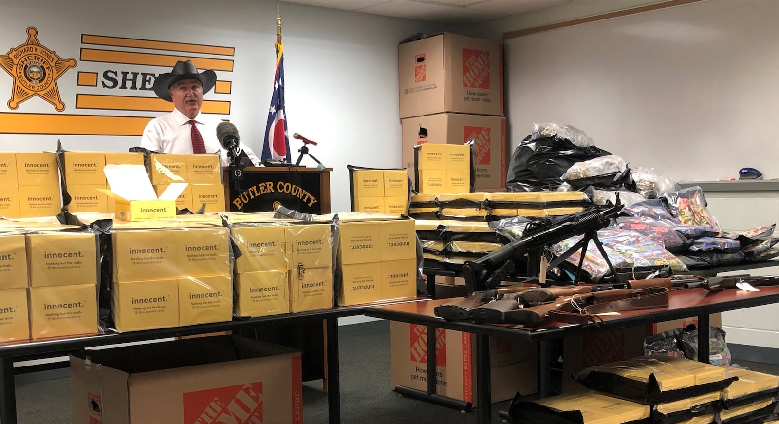 Butler County Sheriff Richard K. Jones said more than $3 million in drugs and guns were seized Tuesday in Butler County. One man has been arrested and charged with two felonies. RICK McCRABB/STAFF