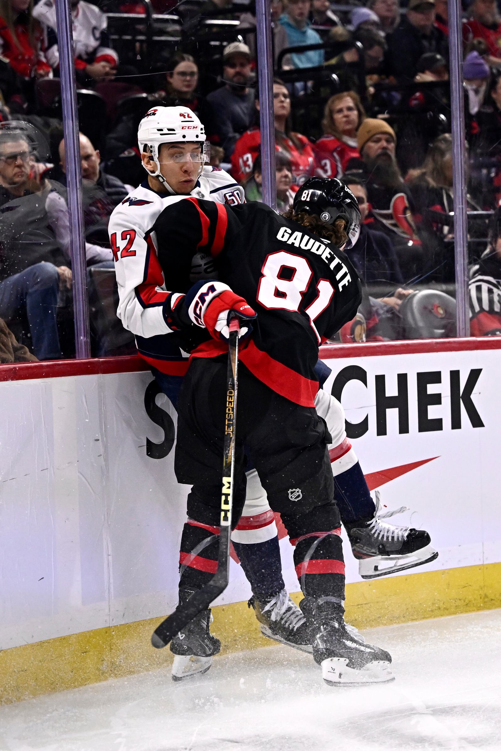 Ottawa Senators' Adam Gaudette (81) hits Washington Capitals' Martin Fehervary (42) into the boards during second-period NHL hockey game action in Ottawa, Ontario, Thursday, Jan. 30, 2025. (Justin Tang/The Canadian Press via AP)