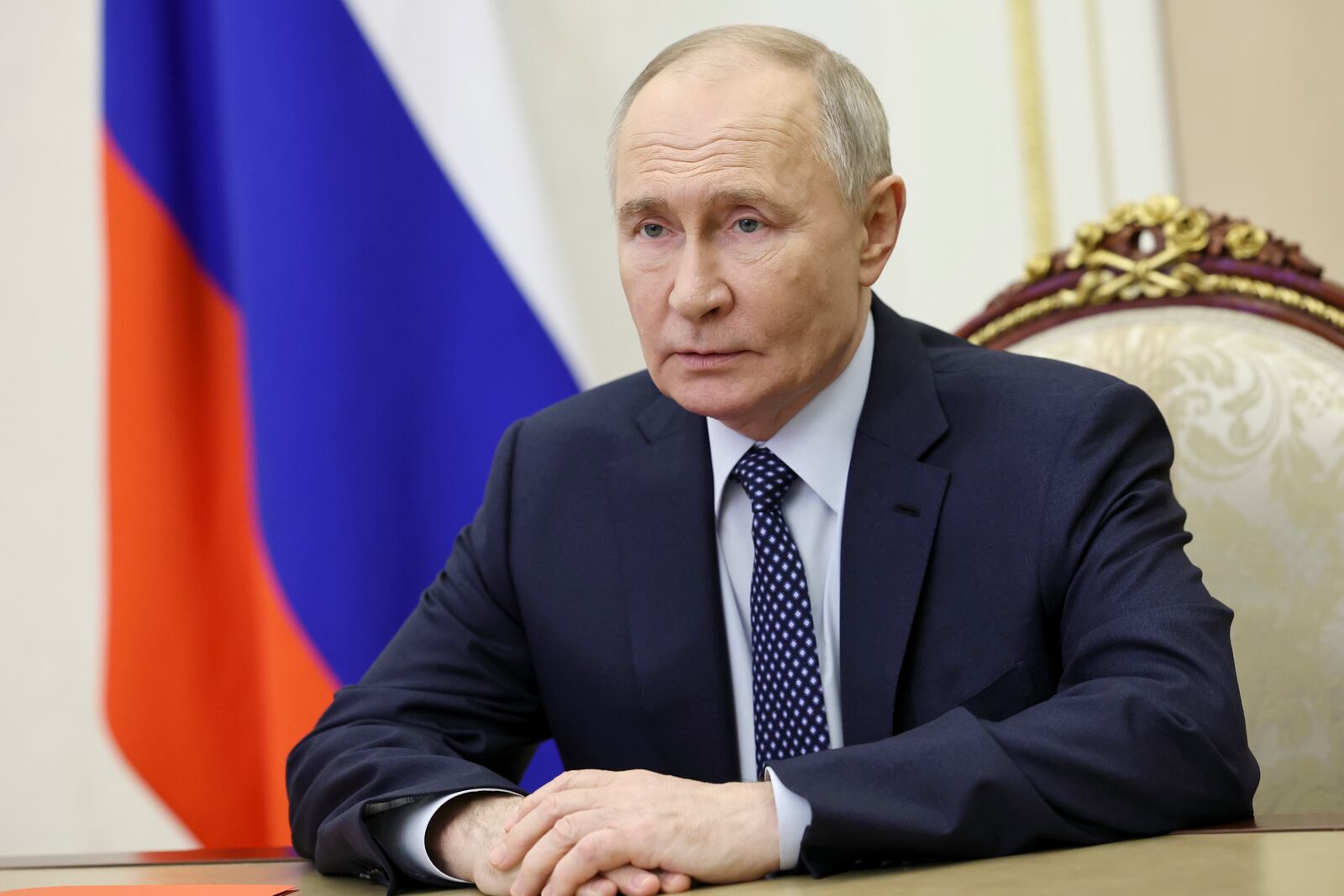 Russian President Vladimir Putin chairs a Security Council meeting via videoconference at the Kremlin in Moscow, Russia, Saturday, Dec. 28, 2024. (Sergei Ilyin, Sputnik, Kremlin Pool Photo via AP)