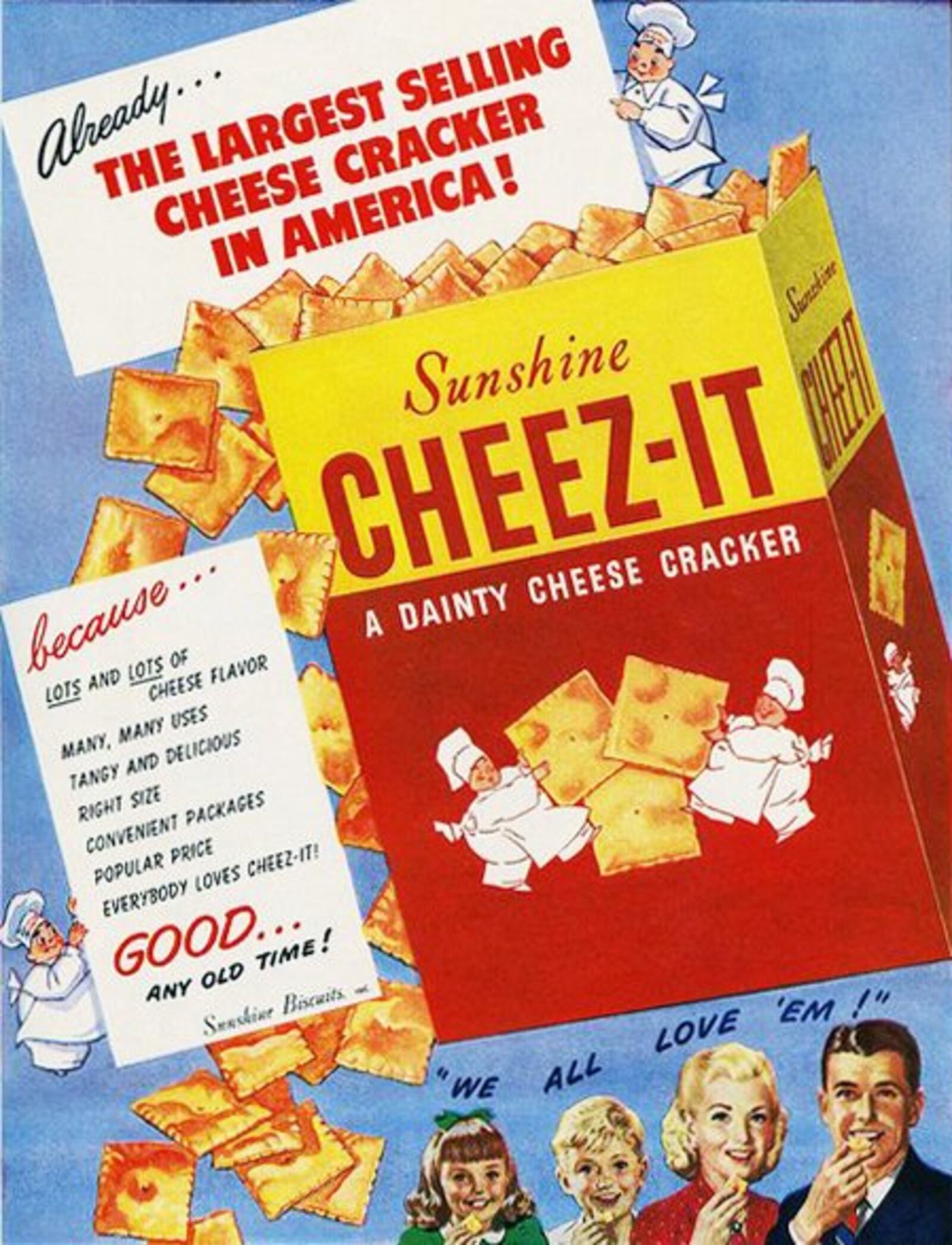 
According to the United States Patent and Trademark Office, the first Cheez-It Cheese Crackers were sold by The Green & Green Company of Dayton in May 1921. The company, which had started business in 1896, was better known for their Edgemont crackers and for its nutty-flavored Dayton cracker, which was stamped with the name  Dayton .
