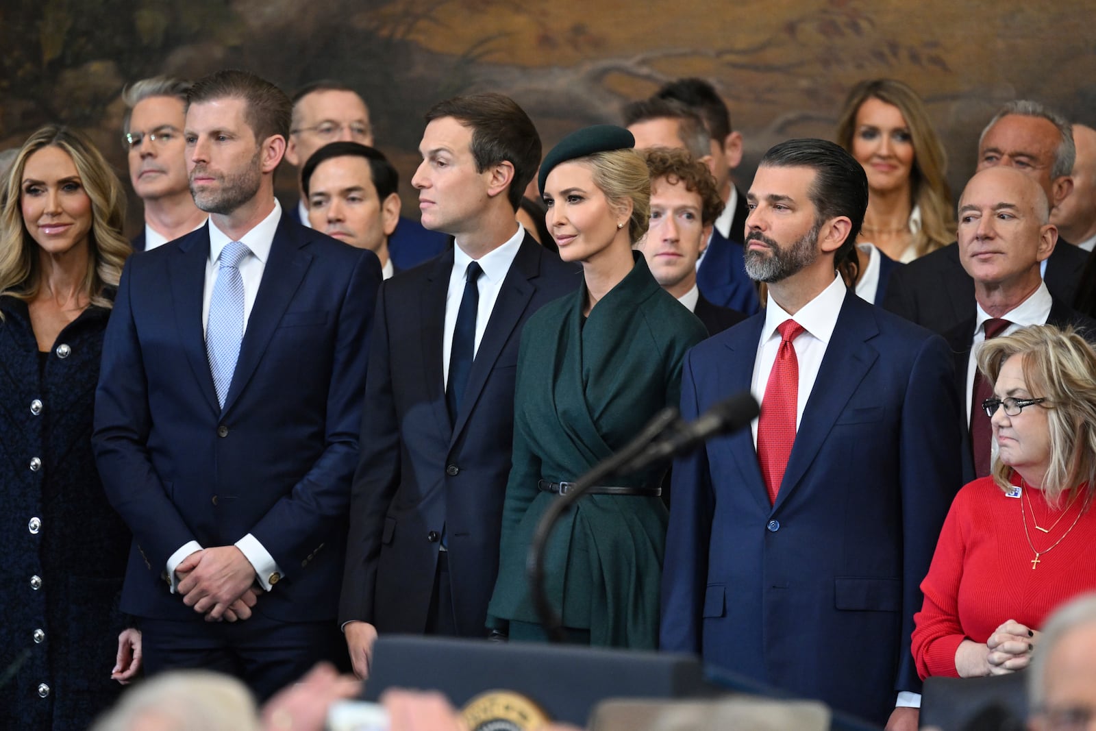 From left front, Lara Trump, Eric Trump, Jared Kushner, Ivanka Trump, and Donald Trump Jr attend the 60th Presidential Inauguration in the Rotunda of the U.S. Capitol in Washington, Monday, Jan. 20, 2025. (Saul Loeb/Pool photo via AP)