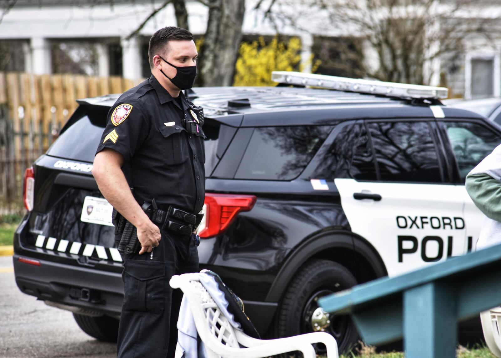 Miami University students celebrated their annual Green Beer Day in Oxford on Thursday, March 25, 2021. Because the city of Oxford has ordinances related to mass gatherings and wearing masks, police were monitoring activity throughout the day. NICK GRAHAM / STAFF