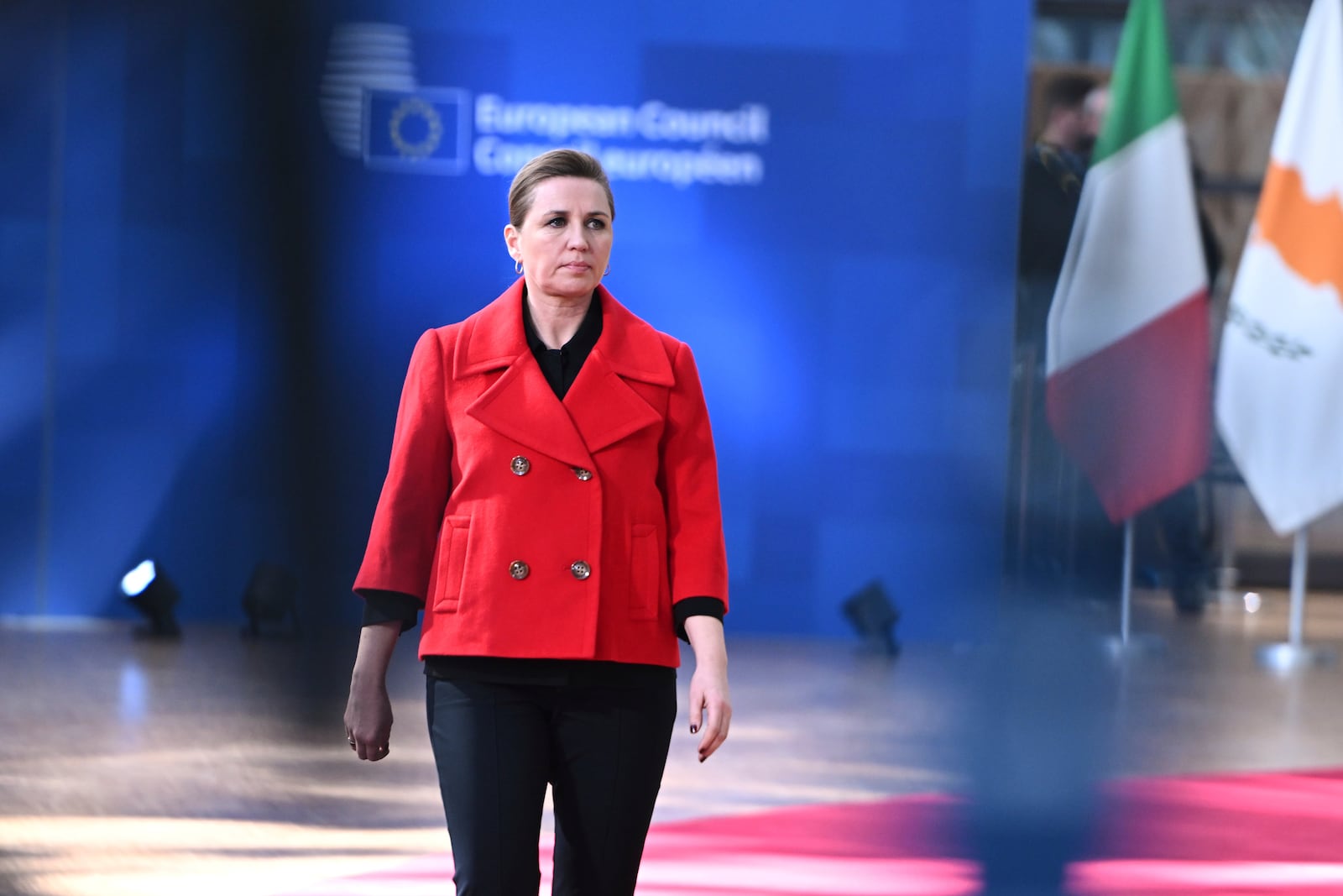 Denmark's Prime Minister Mette Frederiksen arrives for an EU Summit at the European Council building in Brussels, Thursday, March 6, 2025. (AP Photo/Harry Nakos)