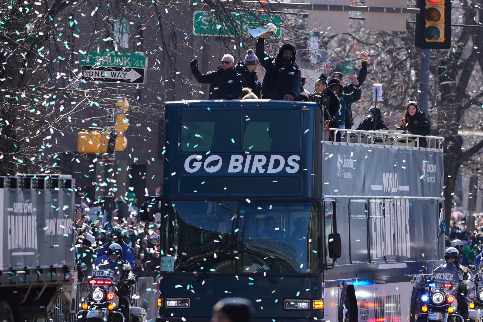 Players and coaches celebrate during the Philadelphia Eagles' NFL football Super Bowl 59 parade and celebration, Friday, Feb. 14, 2025, in Philadelphia. (AP Photo/Matt Slocum)