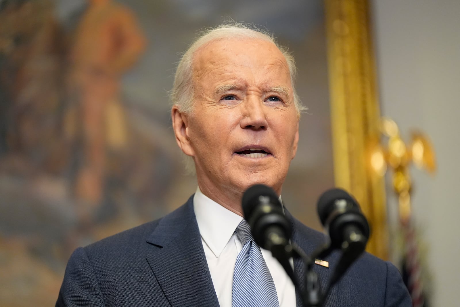 President Joe Biden speaks about the sudden collapse of the Syrian government under Bashar Assad from the Roosevelt Room at the White House in Washington, Sunday, Dec. 8, 2024. (AP Photo/Manuel Balce Ceneta)