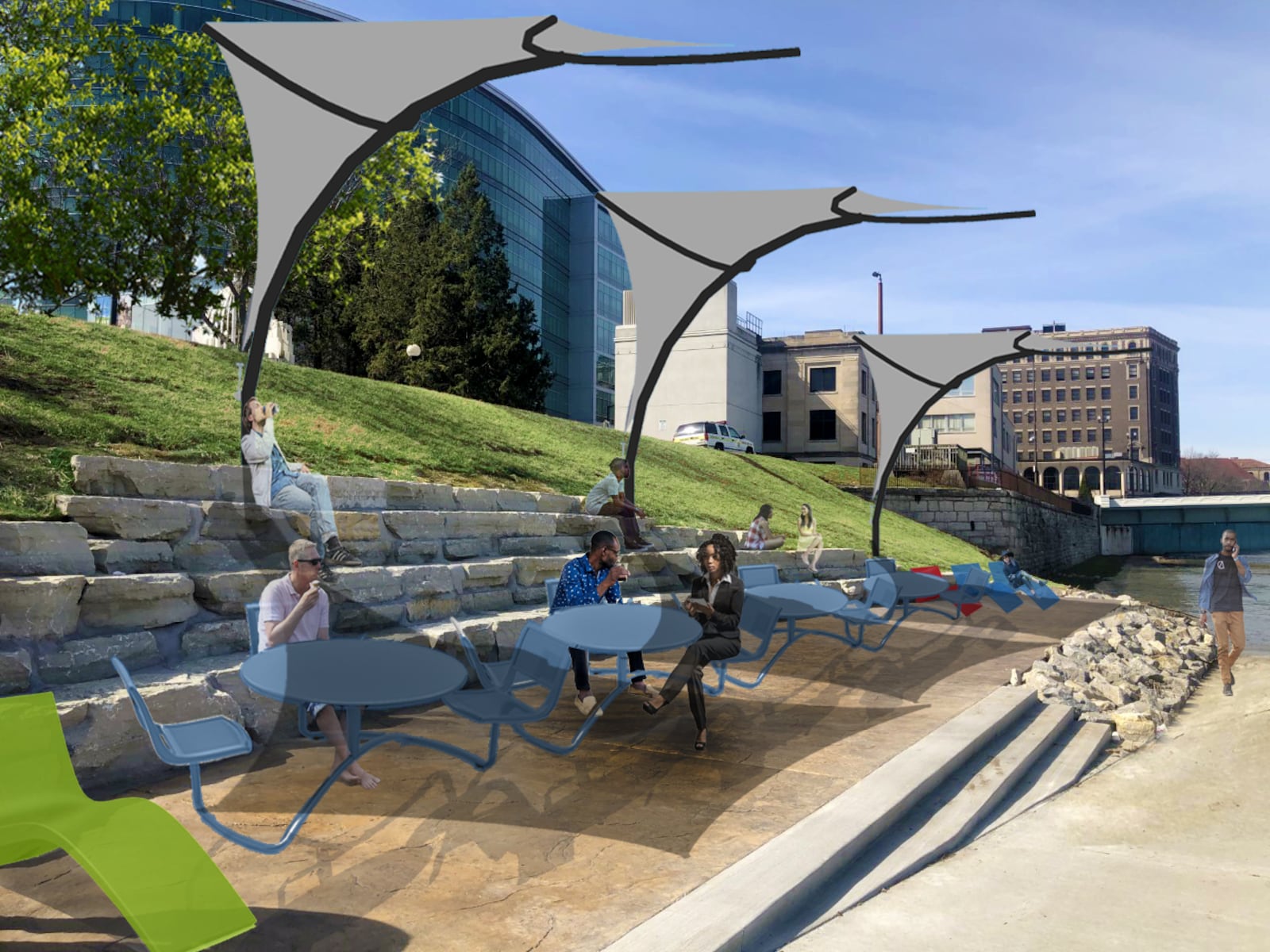 Renderings of new shade sails, seating and furniture at RiverScape River Run. CONTRIBUTED