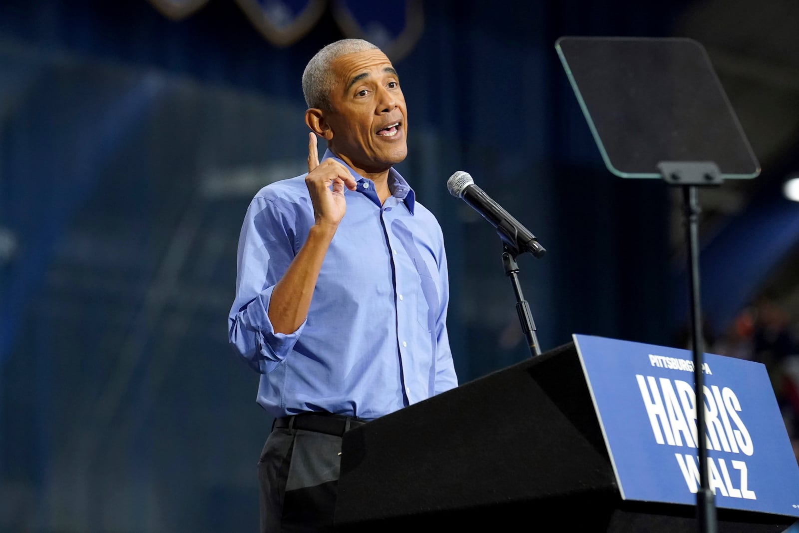 Former President Barack Obama speaks during a campaign rally supporting Democratic presidential nominee Vice President Kamala Harris, Thursday, Oct. 10, 2024, at the University of Pittsburgh's Fitzgerald Field House in Pittsburgh. (AP Photo/Matt Freed)