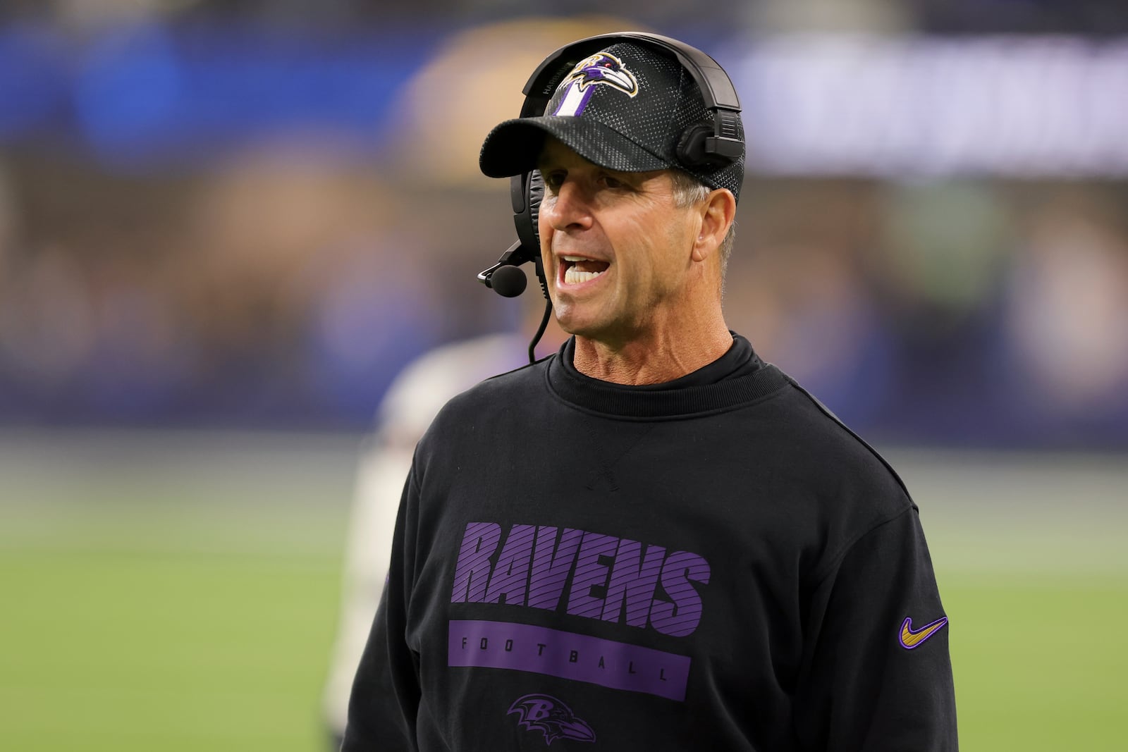 Baltimore Ravens Head Coach John Harbaugh walks on the sideline during the second half of an NFL football game against the Los Angeles Chargers, Monday, Nov. 25, 2024, in Inglewood, Calif. (AP Photo/Ryan Sun)