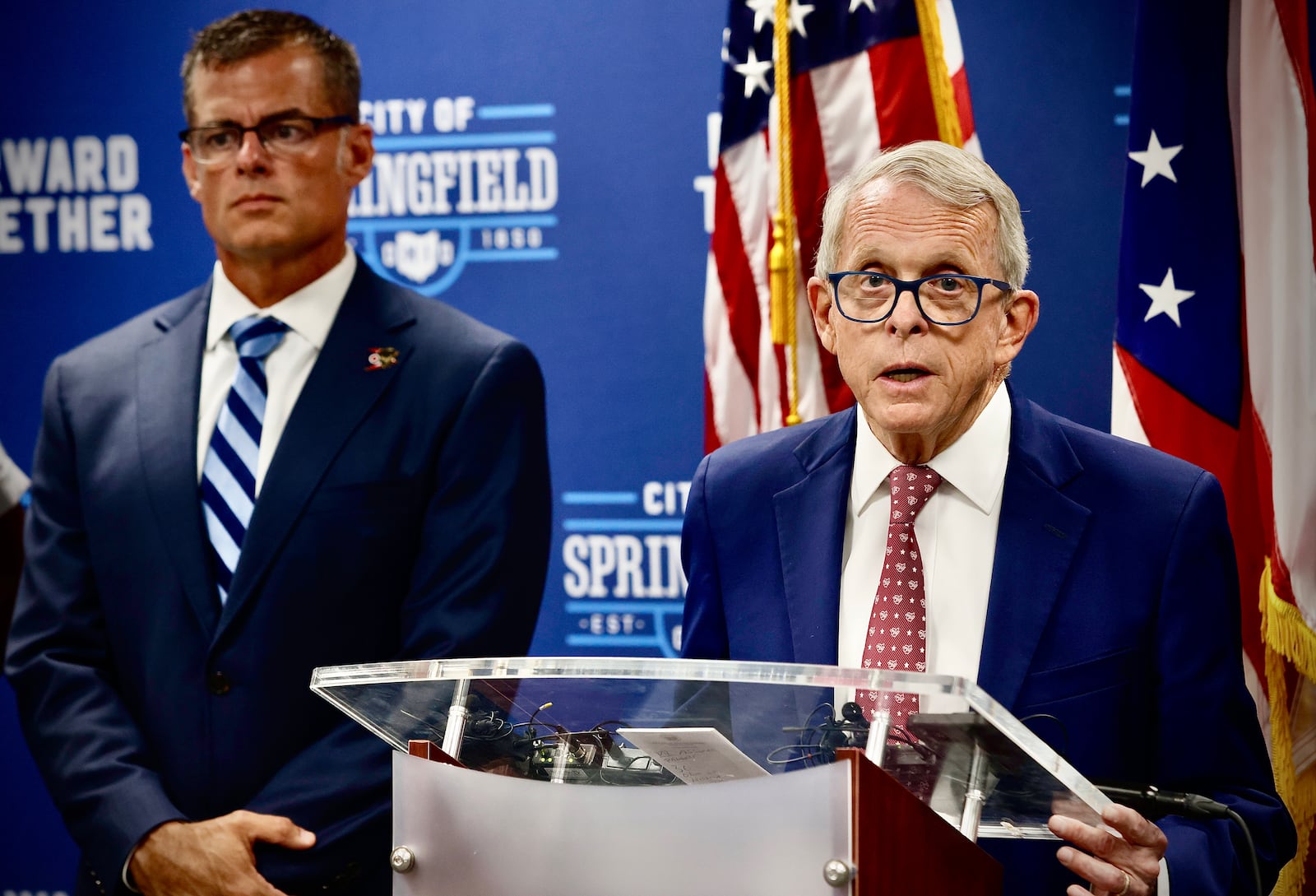 Gov. Mike DeWine shared safety resources the state is giving to Springfield in response to 33 bomb threats at a press conference Monday, Sept. 16, 2024. MARSHALL FORBY/STAFF