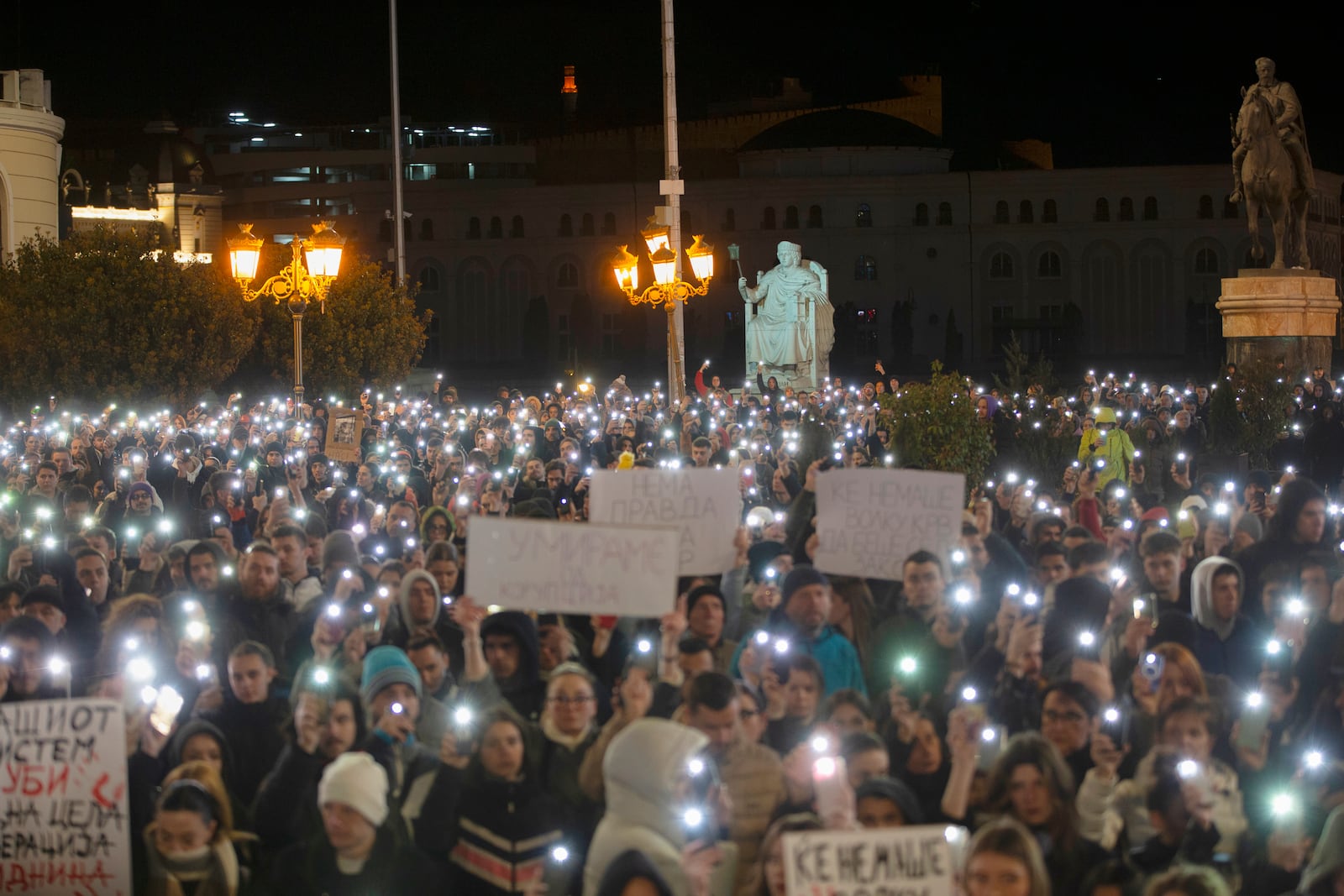 Thousands gather in protest for the victims of a massive nightclub fire in the town of Kocani, in Skopje, North Macedonia, Tuesday, March 18, 2025. (AP Photo/Visar Kryeziu)