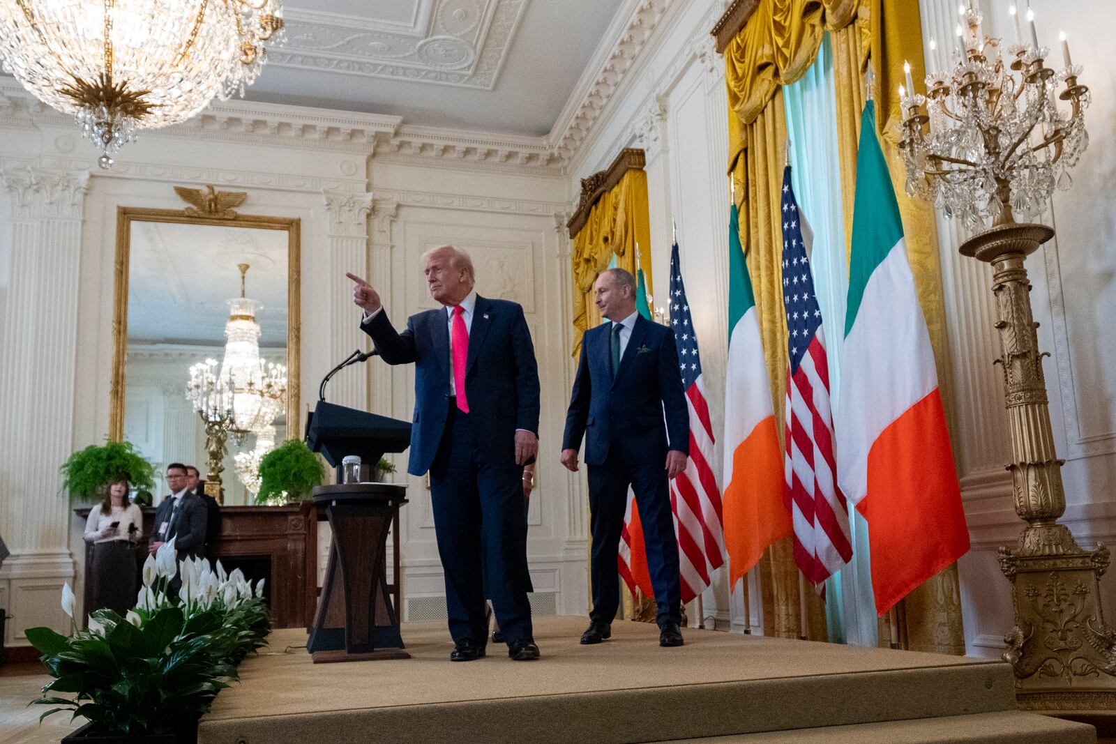 President Donald Trump departs with Ireland's Prime Minister Micheál Martin after an event in the East Room of the White House in Washington, Wednesday, March 12, 2025. (AP Photo/Alex Brandon)