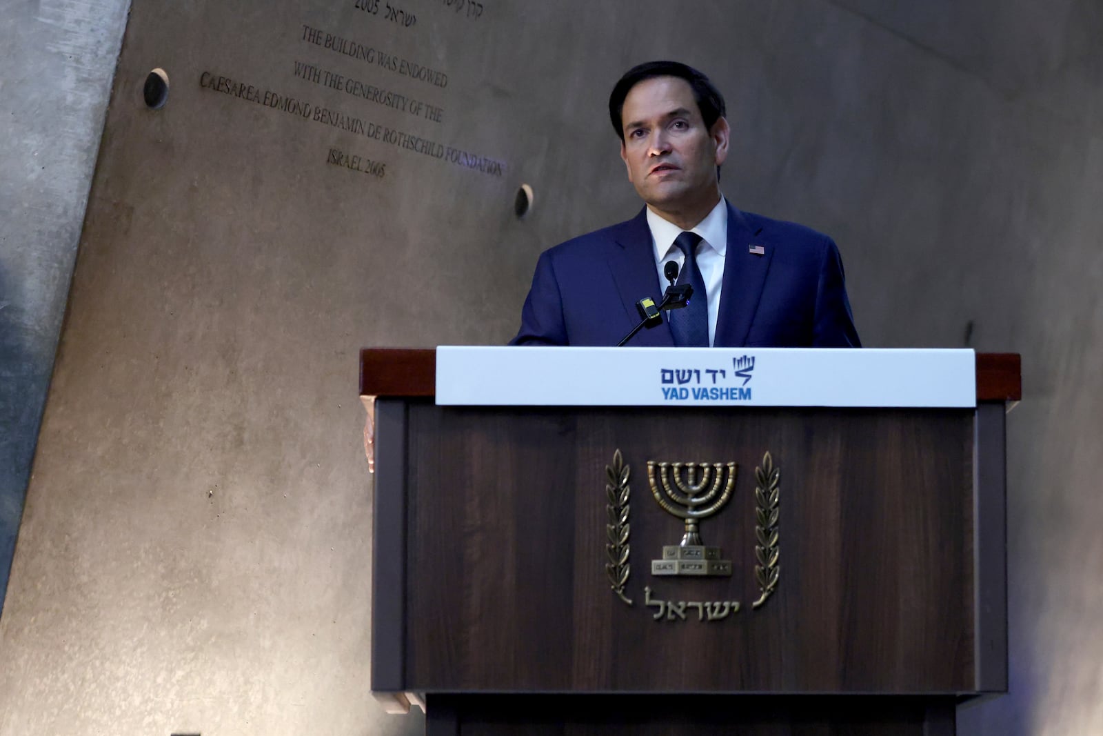 U.S. Secretary of State Marco Rubio speaks as he tours Yad Vashem, the World Holocaust Remembrance Center, in Jerusalem, Israel, Sunday Feb. 16, 2025. (Evelyn Hockstein, Pool Photo via AP)