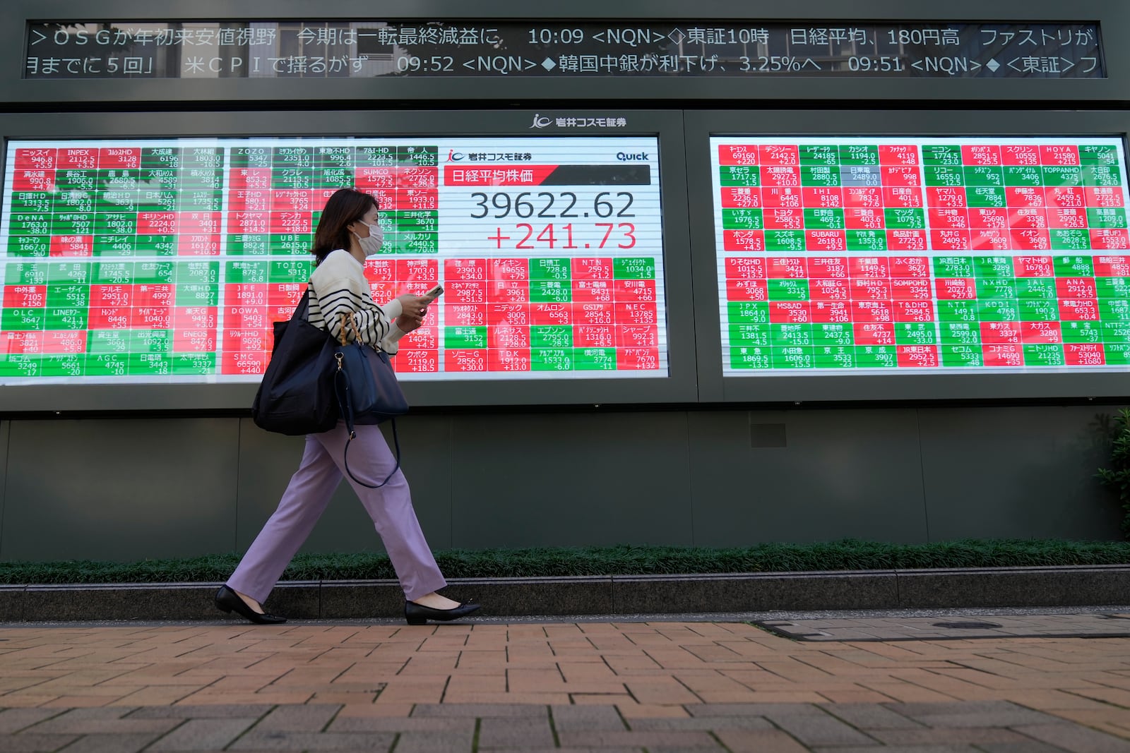 FILE -A passerby moves past an electronic stock board showing Japan's Nikkei 225 index and stock prices outside a securities building Friday, Oct. 11, 2024 in Tokyo. (AP Photo/Shuji Kajiyama, File)