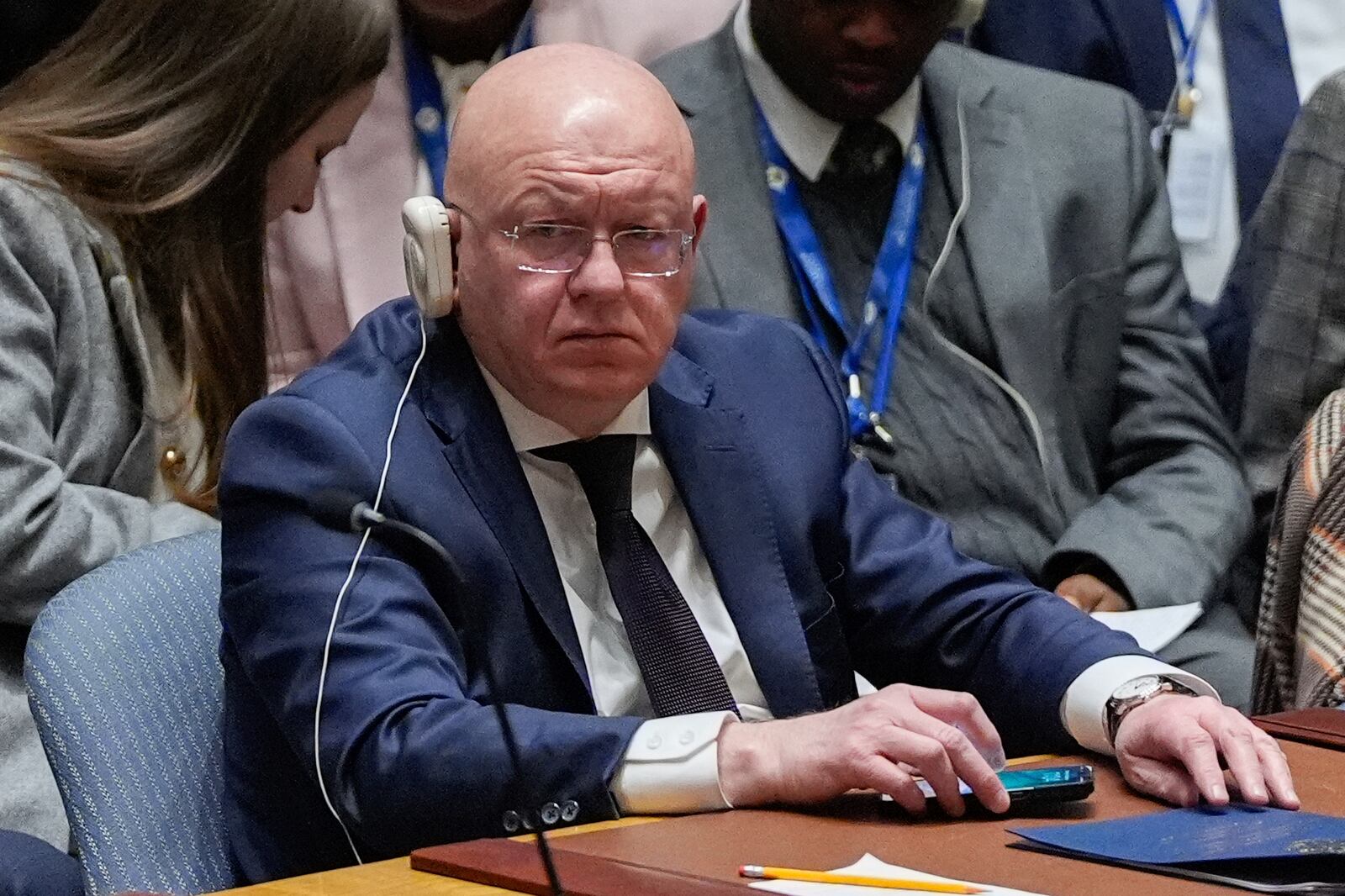 Russian Ambassador to the United Nations Vasily Nebenzya listens during a Security Council meeting, Tuesday, Feb. 18, 2025, at UN headquarters. (AP Photo/Julia Demaree Nikhinson)