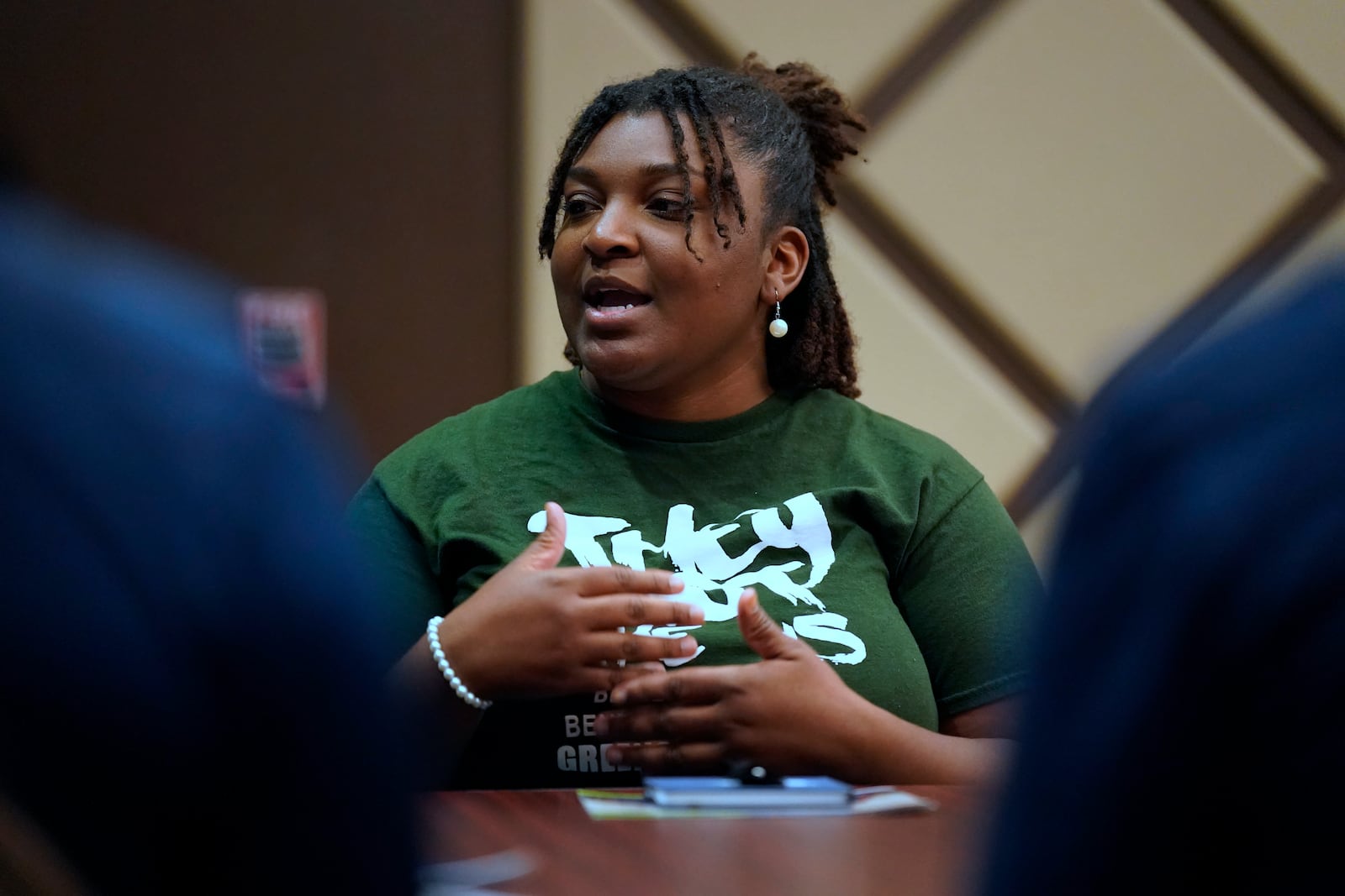 Bennett College student Shelby Fogan speaks during a roundtable in Greensboro, N.C., Tuesday, Oct. 8, 2024. (AP Photo/Chuck Burton)