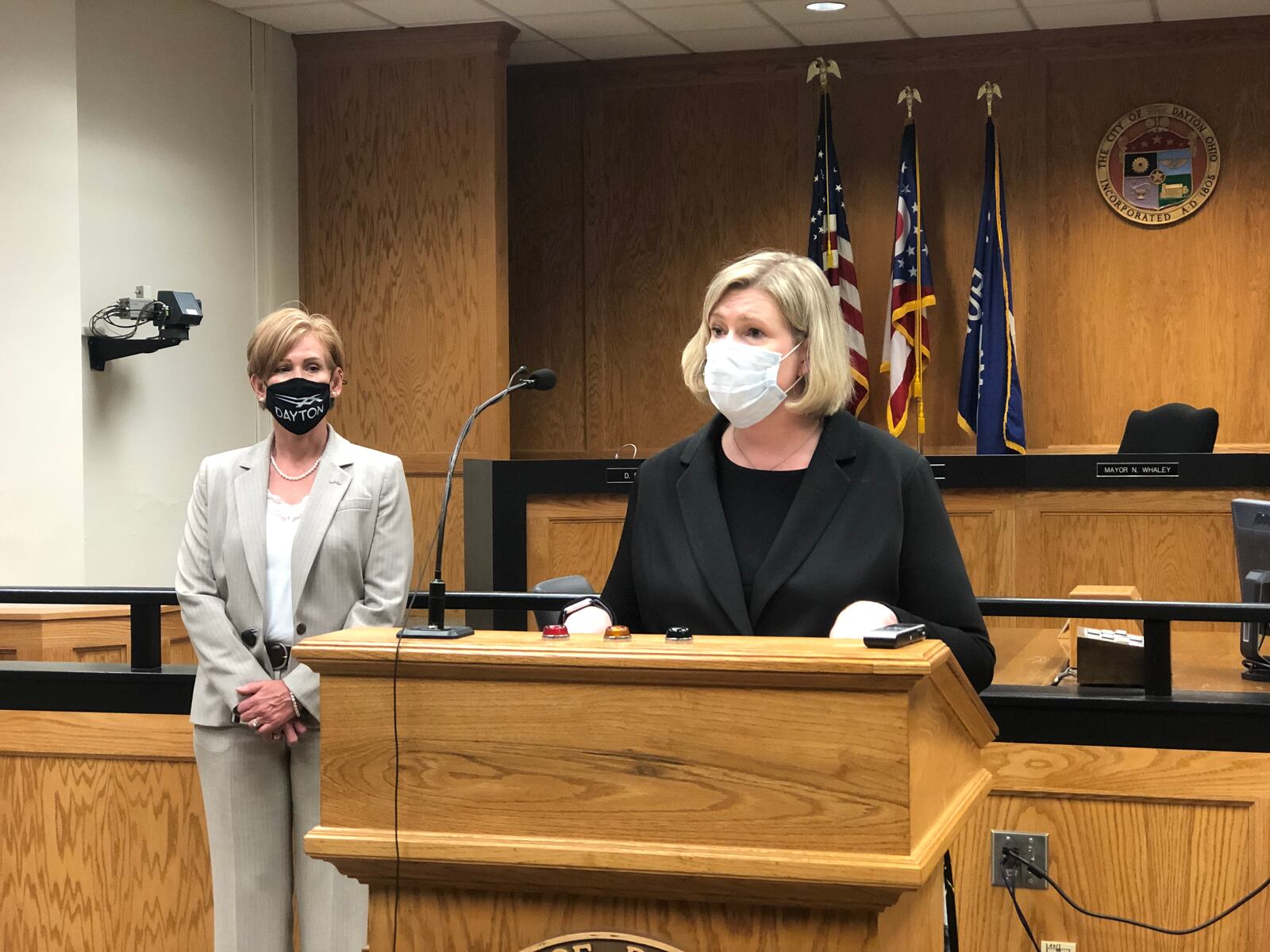 Dayton Mayor Nan Whaley and City Manager Shelley Dickstein speak at a press conference earlier this month. CORNELIUS FROLIK / STAFF