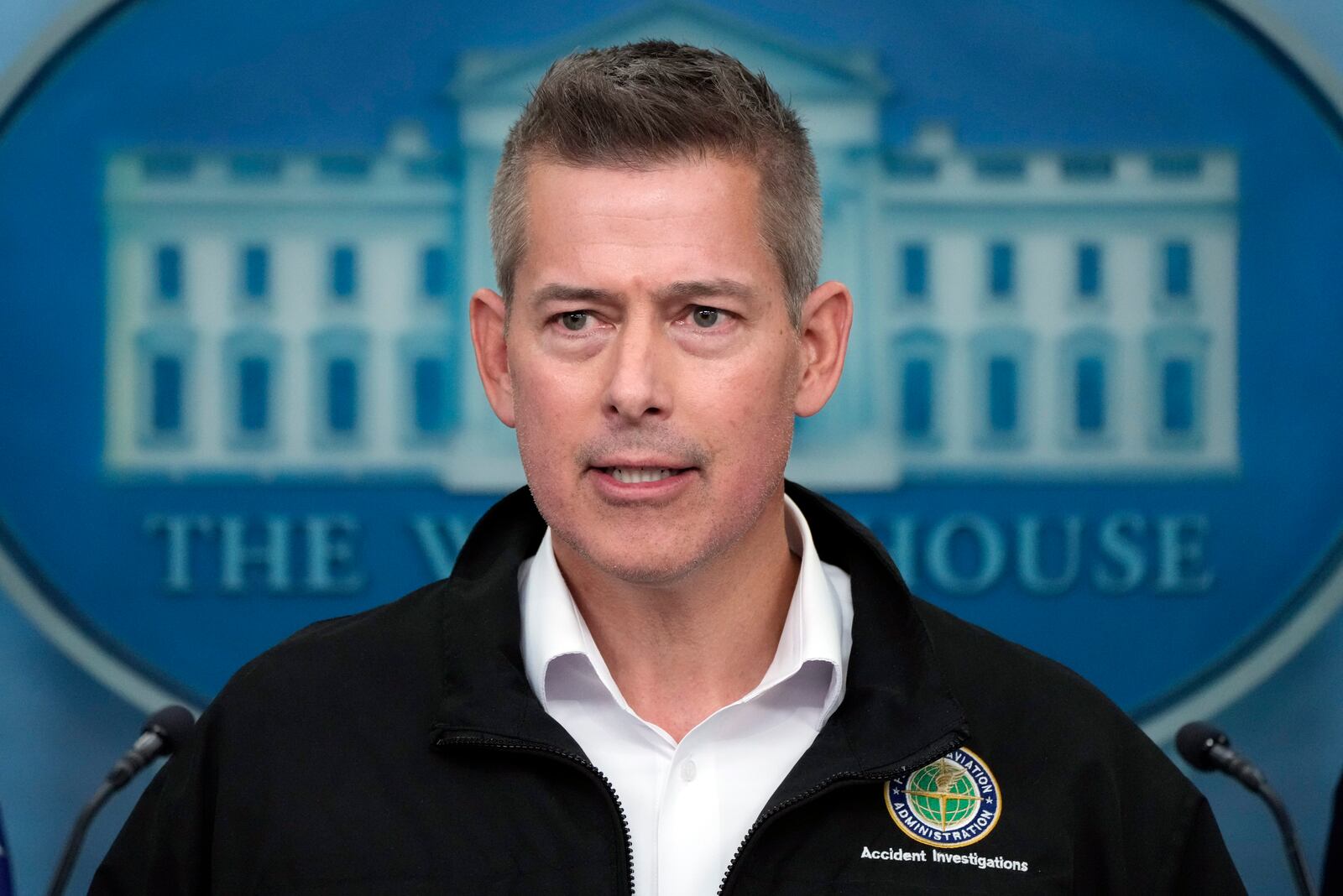 Transportation Secretary Sean Duffy speaks in the James Brady Press Briefing Room at the White House, Thursday, Jan. 30, 2025, in Washington. (AP Photo/Alex Brandon)