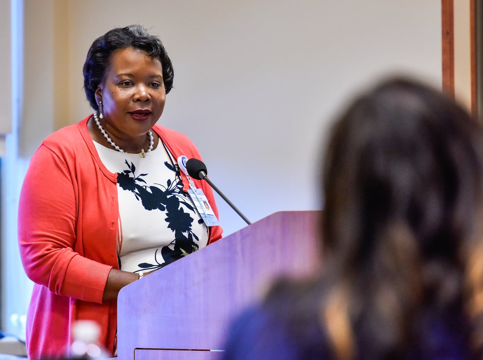 Anita Scott Jones with Atrium Medical Center speaks Friday, Aug. 4, during the announcement of the new CenteringPregnancy program at Atrium Medical Center in Middletown. The program is a new effort in the community to help lower infant mortality rates. NICK GRAHAM/STAFF