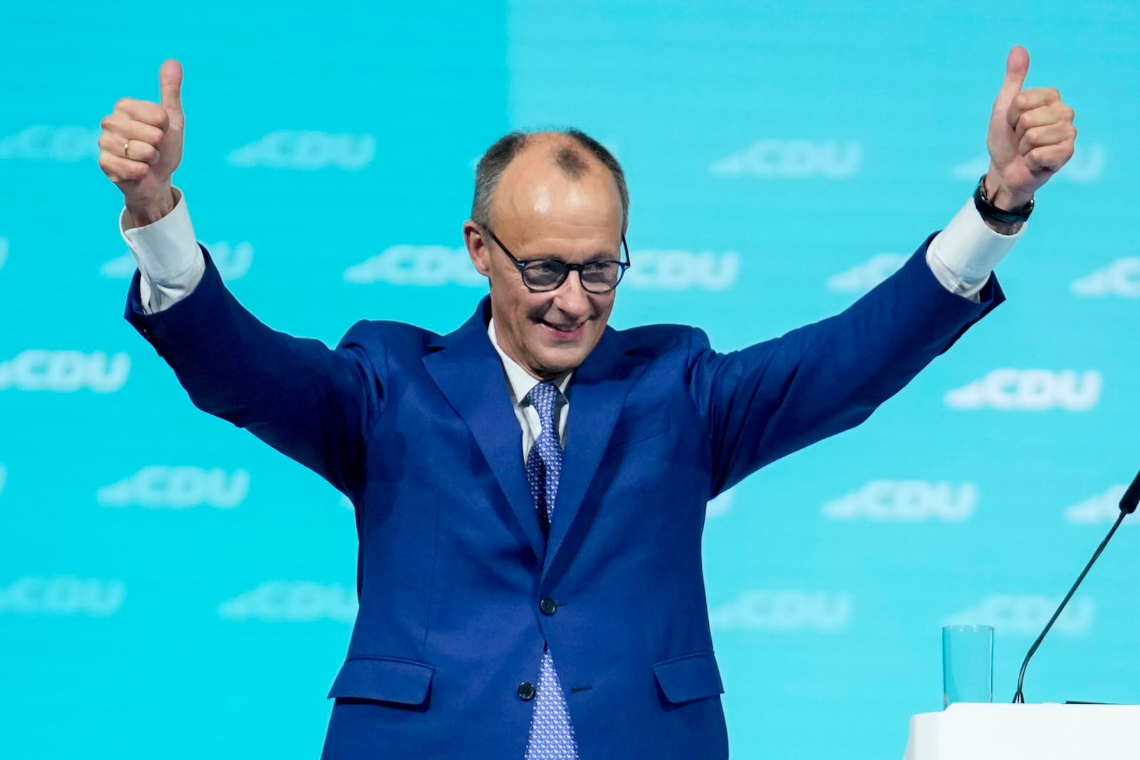 FILE - CDU party leader Friedrich Merz gestures after his speech at the 37th federal party conference of the CDU in Berlin, Germany, Feb.3, 2025. (AP Photo/Ebrahim Noroozi, File)