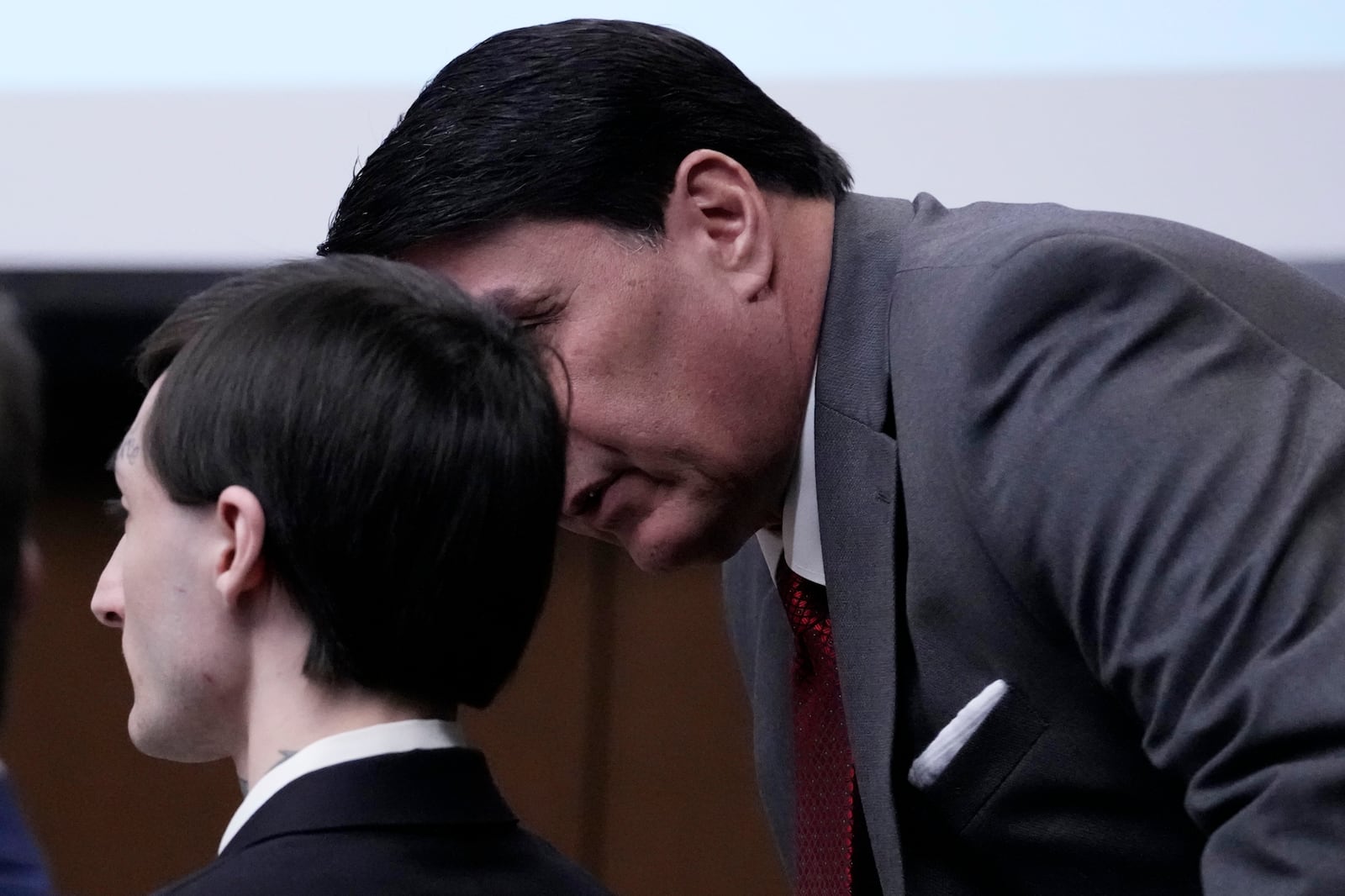 Robert E. Crimo III, left, listens to attorney Gregory Ticsay during his trial in Judge Victoria A. Rossetti's courtroom in Waukegan, Ill., Monday, March 3, 2025. (AP Photo/Nam Y. Huh, Pool)