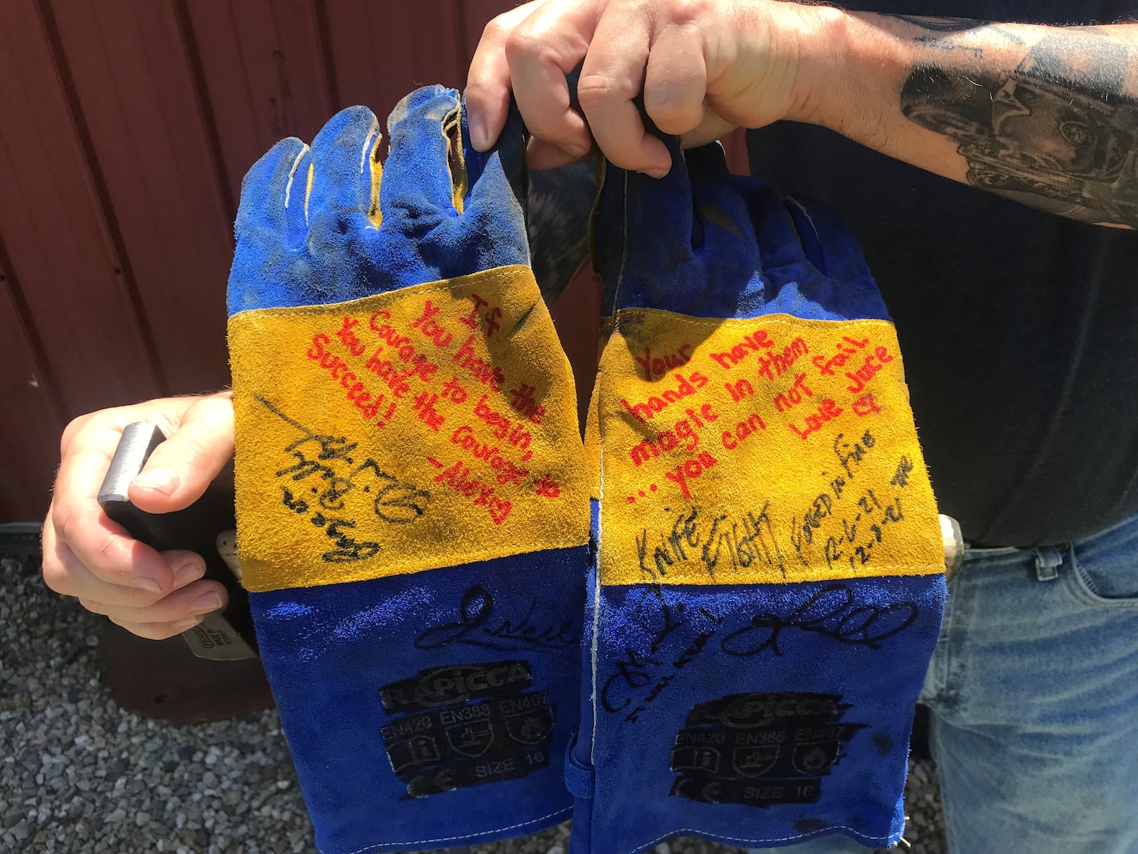 Bill's gloves were signed with inspirational messages from his wife and children to help him keep going throughout the competition. After the show, the judges also signed his gloves. ALICE MOMANY/STAFF