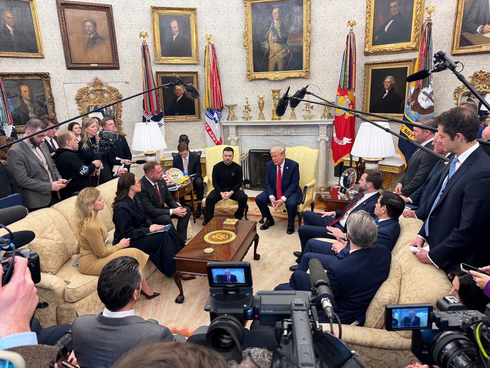 President Donald Trump meets with Ukraine President Volodymyr Zelenskyy in the Oval Office at the White House in Washington, Friday, Feb. 28, 2025. (AP Photo/Mstyslav Chernov)