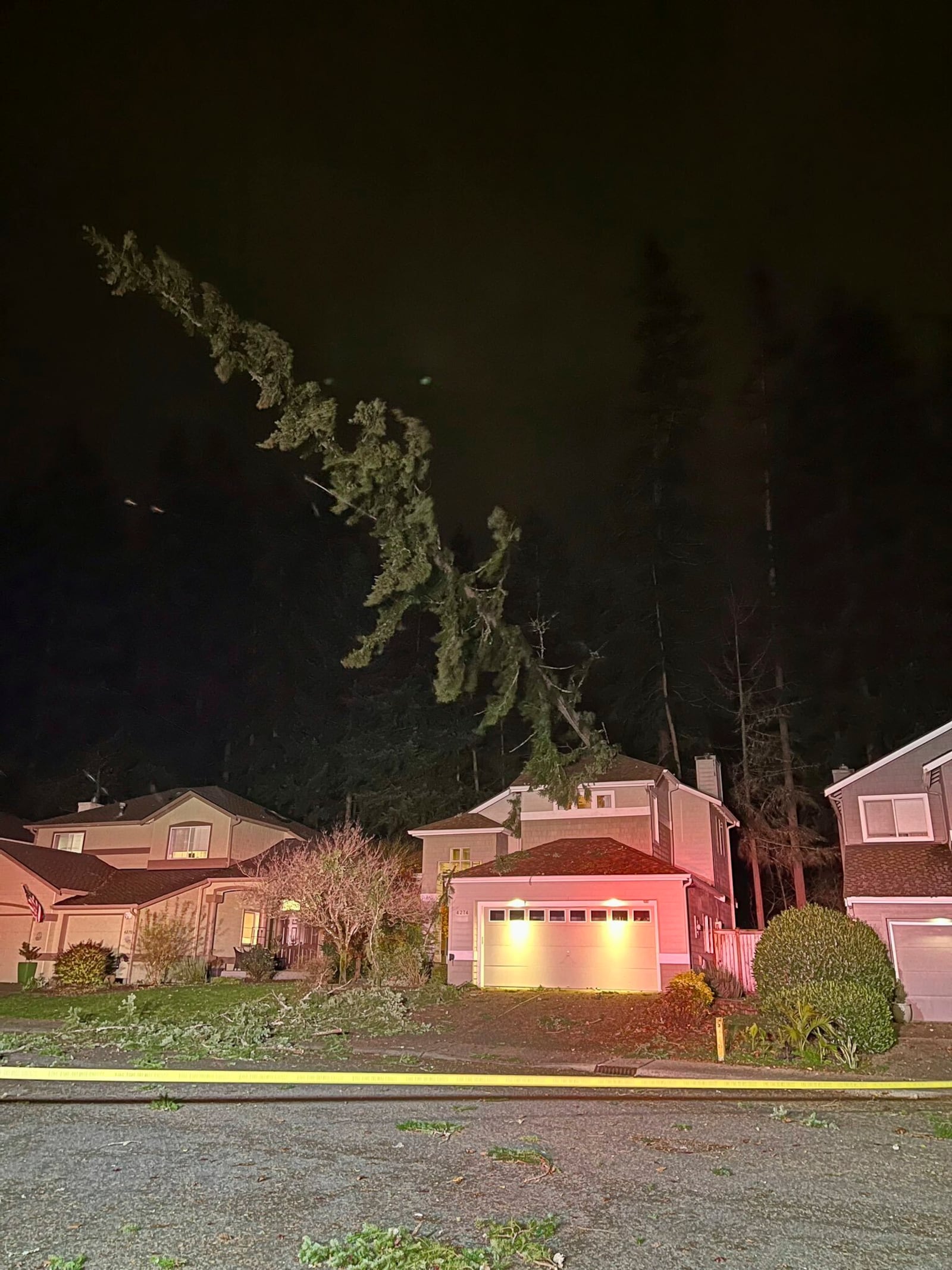 This photo released by Eastside Fire & Rescue shows a tree resting on the roof of a house during a major storm Tuesday, Nov. 19, 2024, in Issaquah, Wash. (Eastside Fire & Rescue via AP)