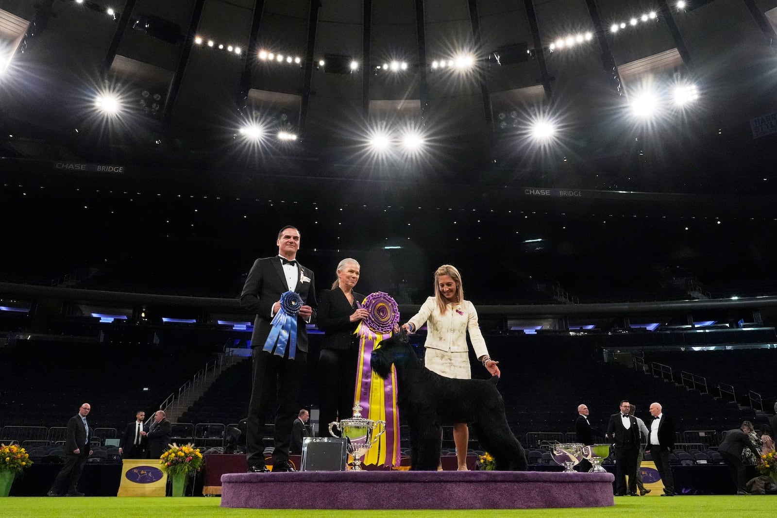 Katie Bernardin, right, and Monty, a Giant Schnauzer, celebrate after winning best in show in the 149th Westminster Kennel Club Dog show, Tuesday, Feb. 11, 2025, in New York. (AP Photo/Julia Demaree Nikhinson)in the best in show competition during the 149th Westminster Kennel Club Dog show, Tuesday, Feb. 11, 2025, in New York. (AP Photo/Julia Demaree Nikhinson)