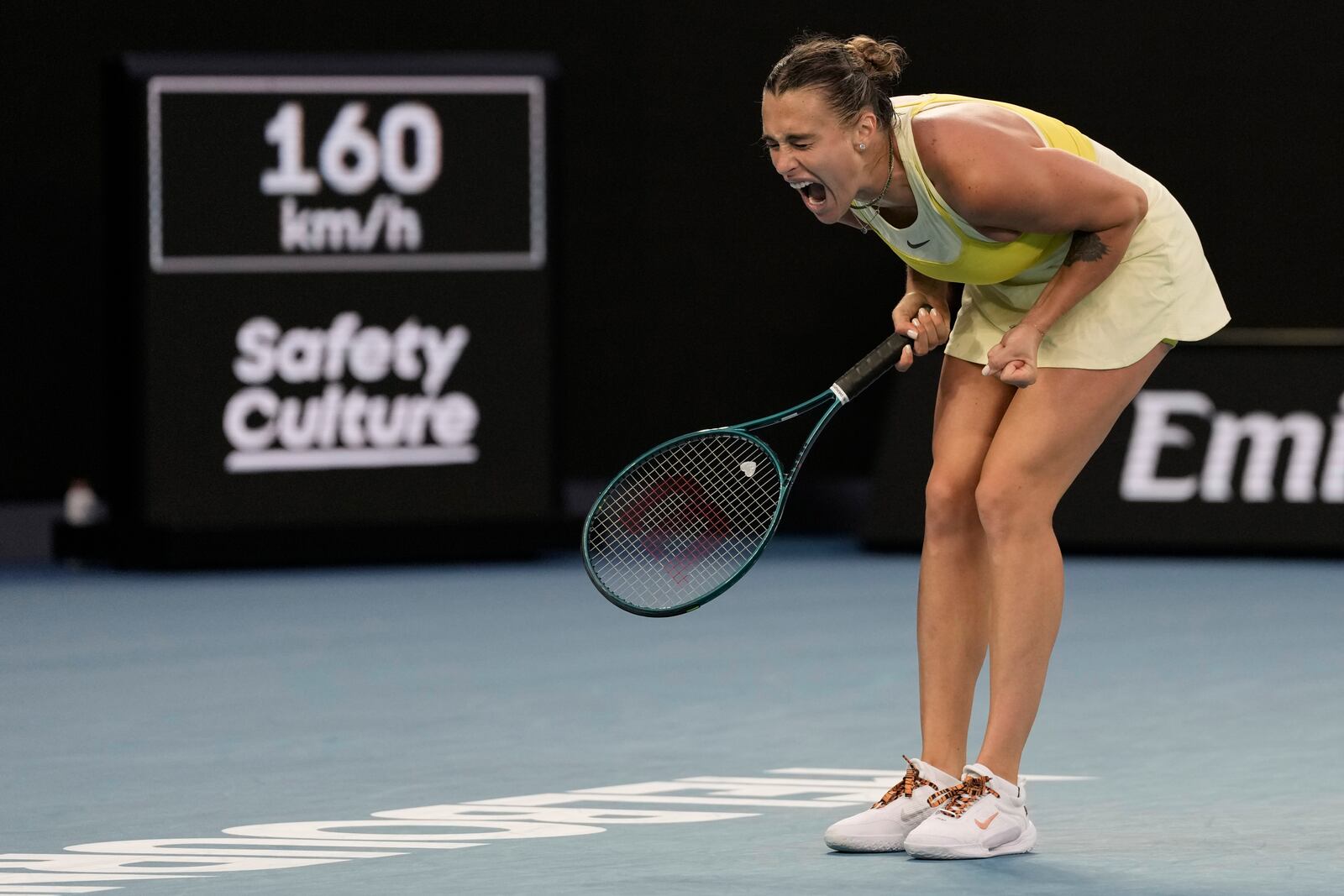 Aryna Sabalenka of Belarus reacts during her quarterfinal match against Anastasia Pavlyuchenkova of Russia during their quarterfinal match at the Australian Open tennis championship in Melbourne, Australia, Tuesday, Jan. 21, 2025. (AP Photo/Ng Han Guan)