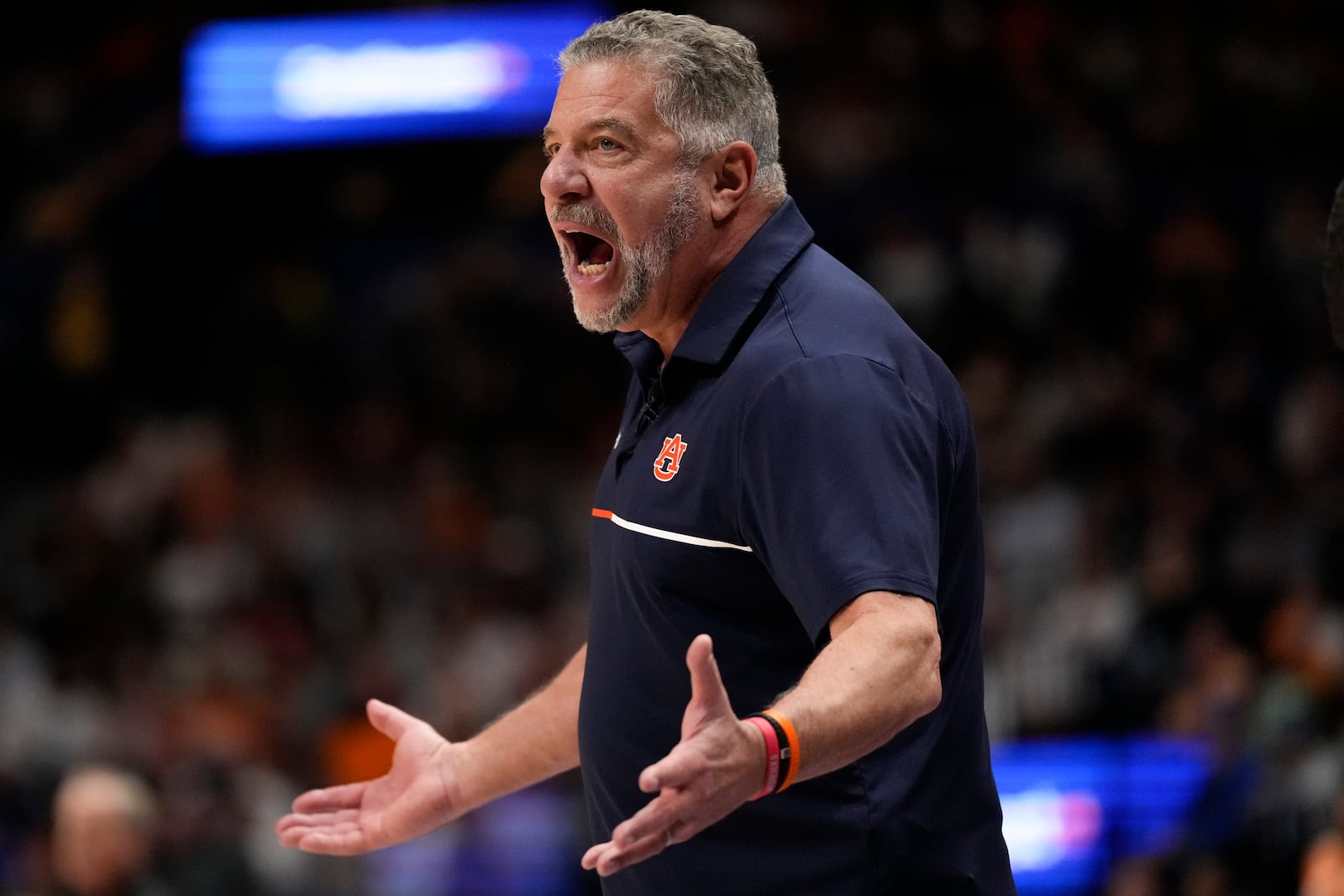 Auburn head coach Bruce Pearl reacts to play against Tennessee during the second half of an NCAA college basketball game in the semifinal round of the Southeastern Conference tournament, Saturday, March 15, 2025, in Nashville, Tenn. (AP Photo/George Walker IV)