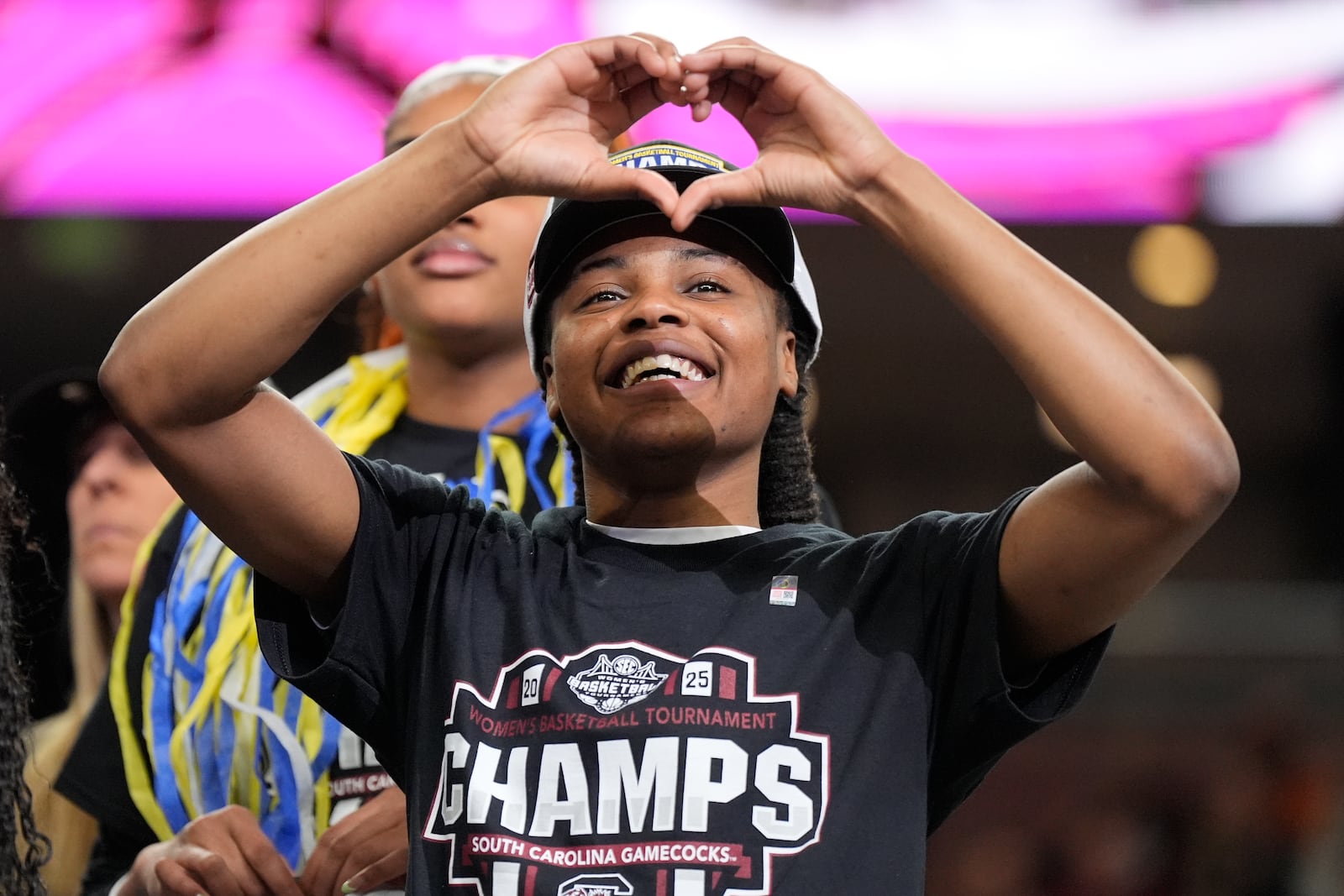 South Carolina guard MiLaysia Fulwiley celebrates after their win against Texas in an NCAA college basketball game in the final of the Southeastern Conference tournament, Sunday, March 9, 2025, in Greenville, S.C. (AP Photo/Chris Carlson)