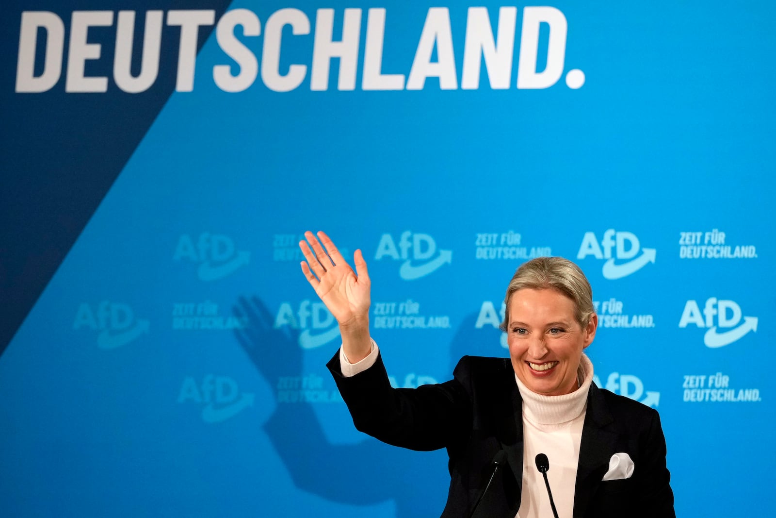 FILE - Leader of the far-right Afd, Alice Weidel, waves after a speech at a national election campaign event in Heidenheim, Germany, Feb. 9, 2025. (AP Photo/Matthias Schrader, File)