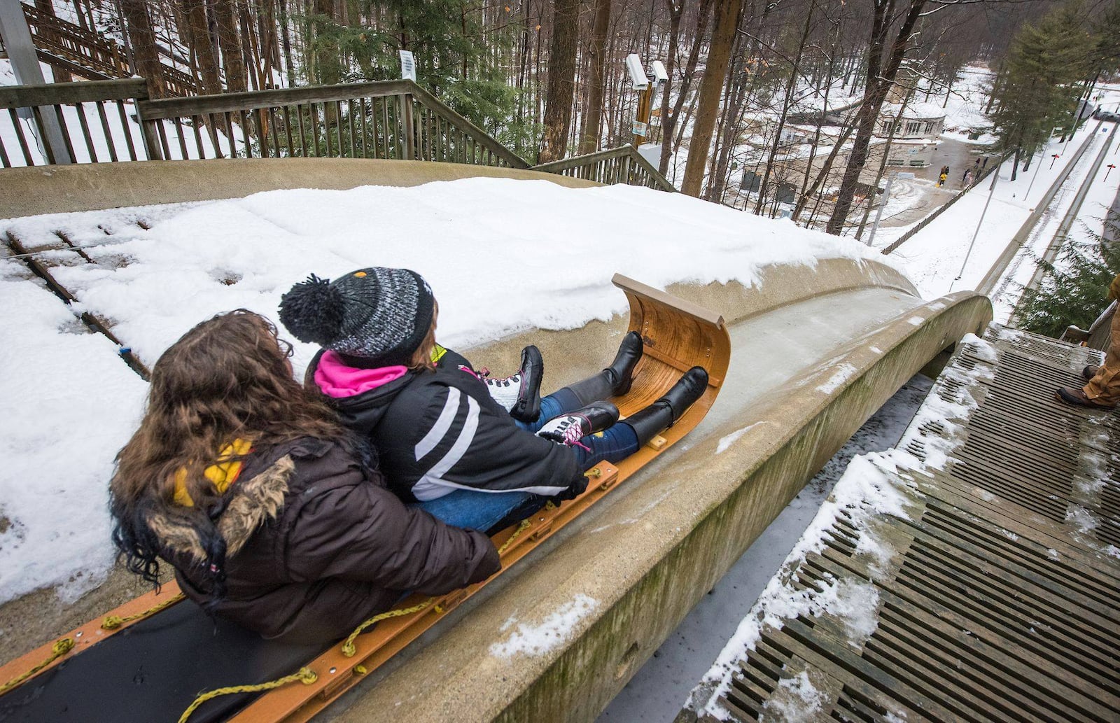 The chalet at Mill Stream Run Reservation in Strongsville offers guests a chance to go tobogganing down the tallest and fastest ice chutes in the state of Ohio.