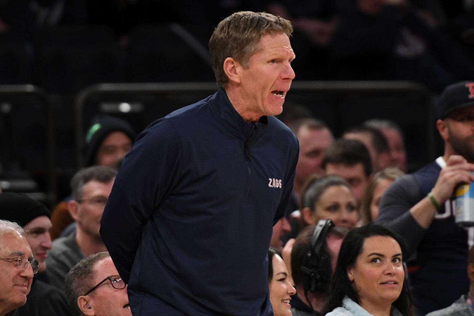 Gonzaga head coach Mark Few yells to players during the first half of an NCAA college basketball game against UConn, Saturday, Dec. 14, 2024, in New York. (AP Photo/Pamela Smith)