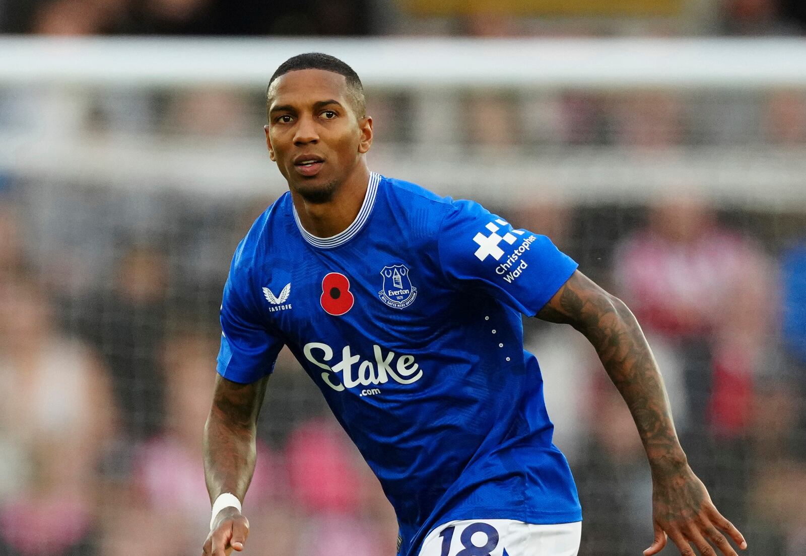 FILE - Everton's Ashley Young runs into position during the English Premier League soccer match between Southampton and Everton, at the St Marys Stadium in Southampton, Saturday, Nov 2, 2024. (AP Photo/Dave Shopland,File)