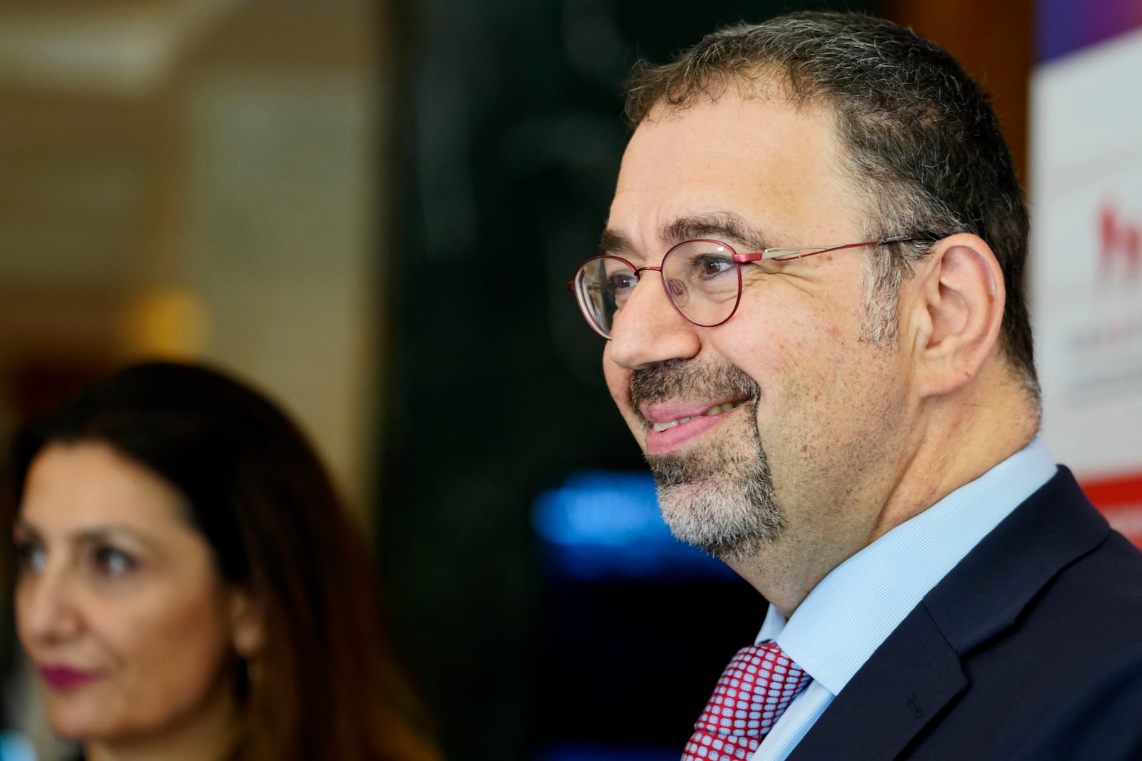 Economist Daron Acemoglu, 2024 Nobel prize winner in Economics, speaks to the media during a conference in Athens , Greece, Monday, Oct. 14, 2024. (AP Photo/Petros Giannakouris)