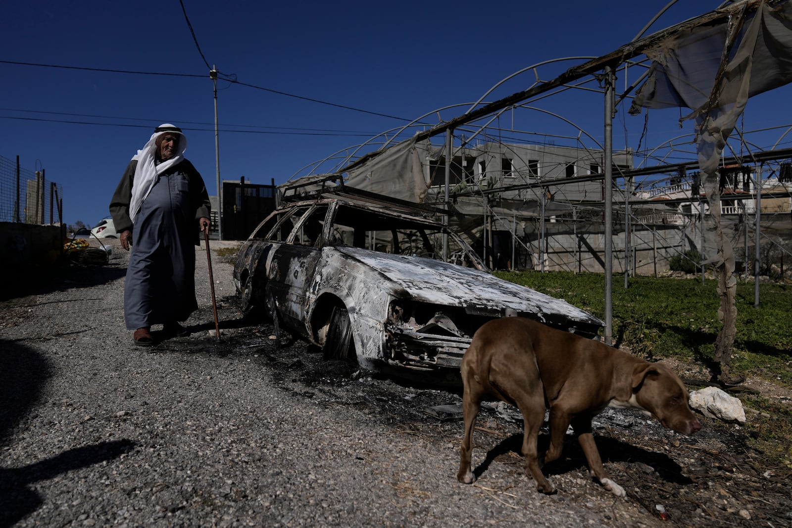 A Palestinian stands beside a torched car in the aftermath of an attack by Israeli settlers in the West Bank village of Jinsafut, Tuesday, Jan. 21, 2025. (AP Photo/Majdi Mohammed)