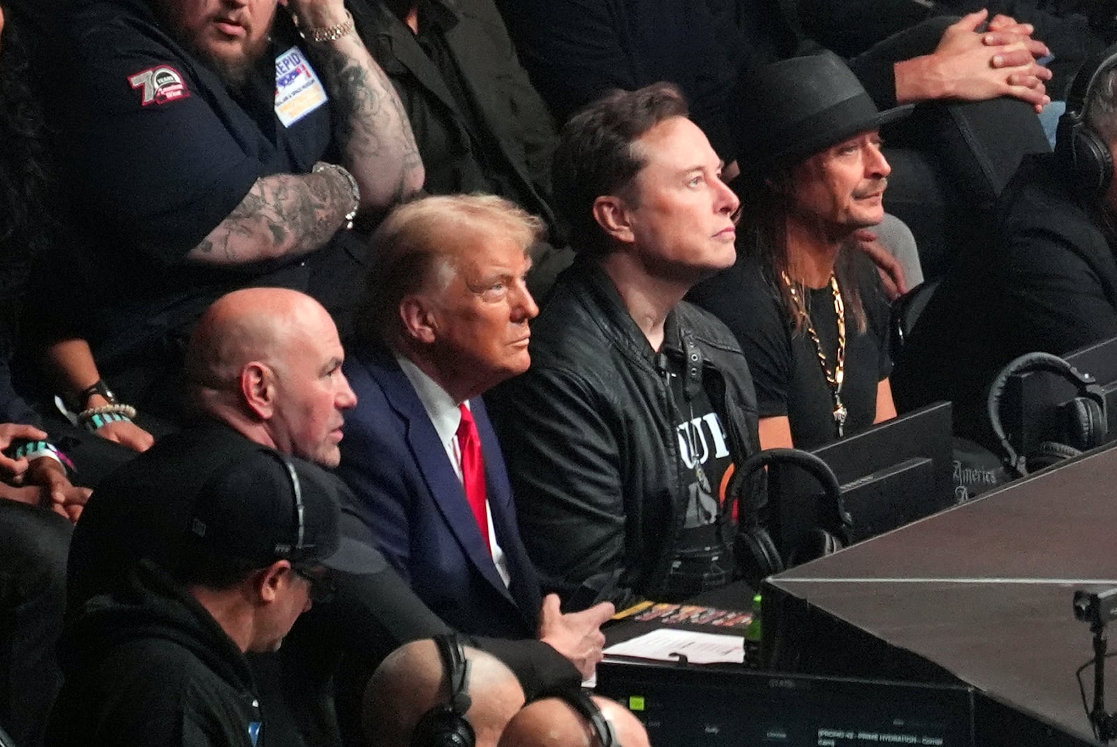 Dana White, President-elect Donald Trump, Elon Musk and Kid Rock attend UFC 309 at Madison Square Garden, Saturday, Nov. 16, 2024, in New York. (AP Photo/Evan Vucci)