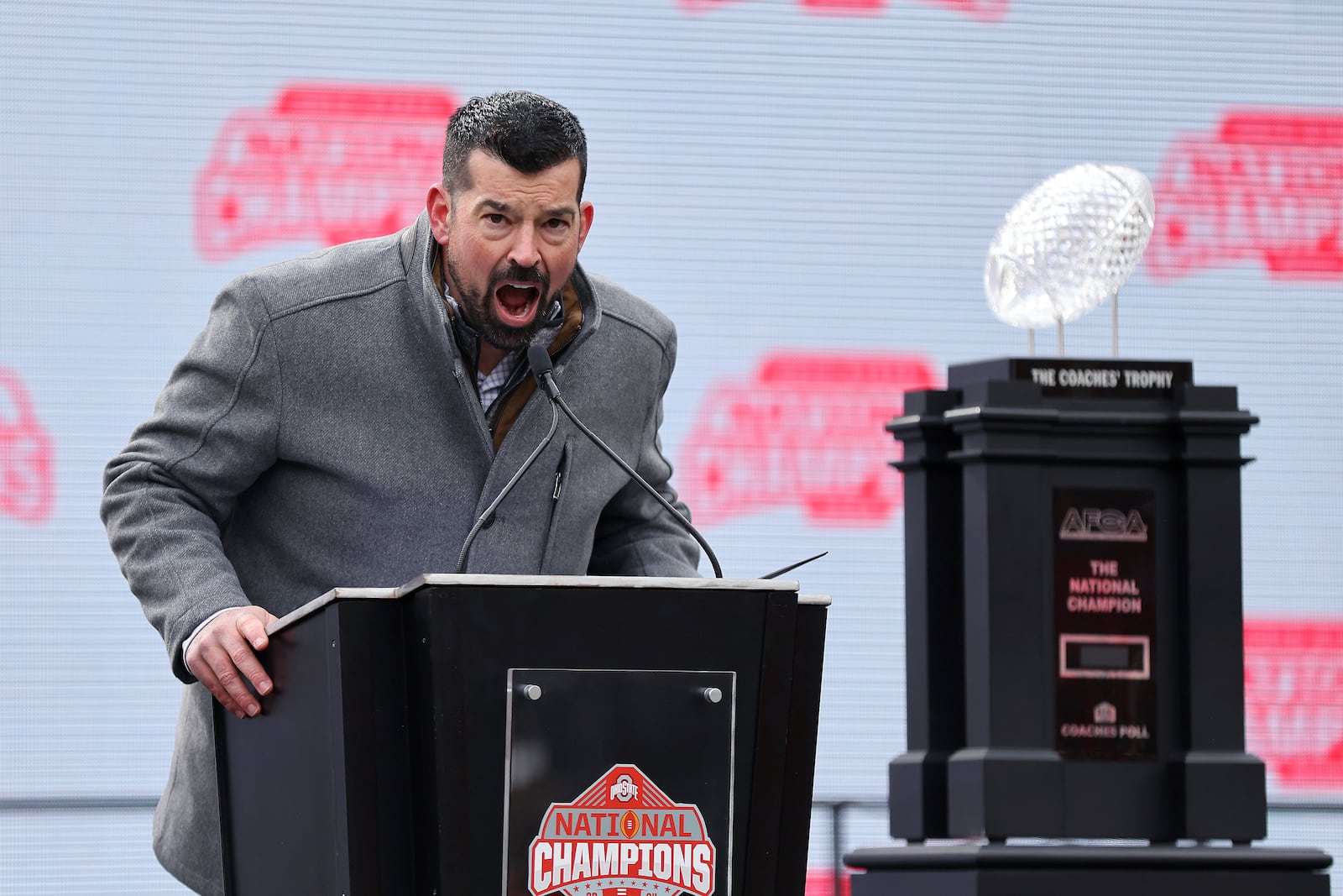 Ohio State Buckeyes head coach Ryan Day speaks during the National Championship football celebration at Ohio Stadium in Columbus, Ohio, Sunday, Jan. 26, 2025. (AP Photo/Joe Maiorana)