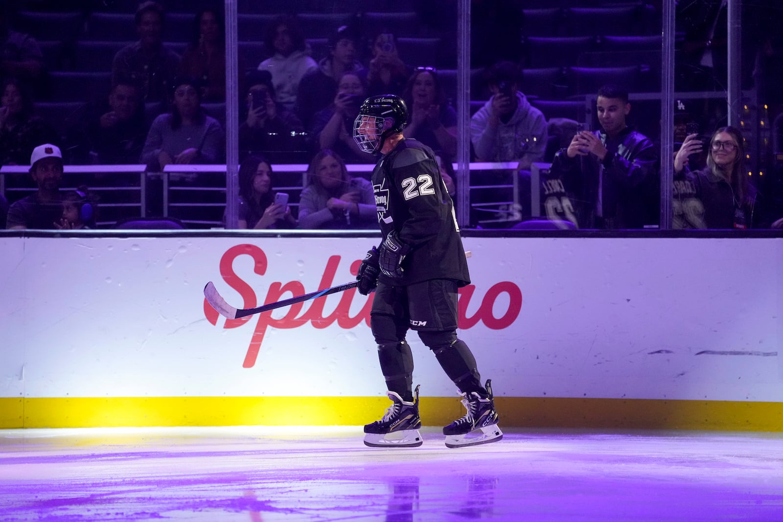 Team Black player actor Steve Carell takes the ice during the Skate for LA Strong celebrity hockey game, Sunday, Feb. 23, 2025, in Los Angeles. (AP Photo/Eric Thayer)