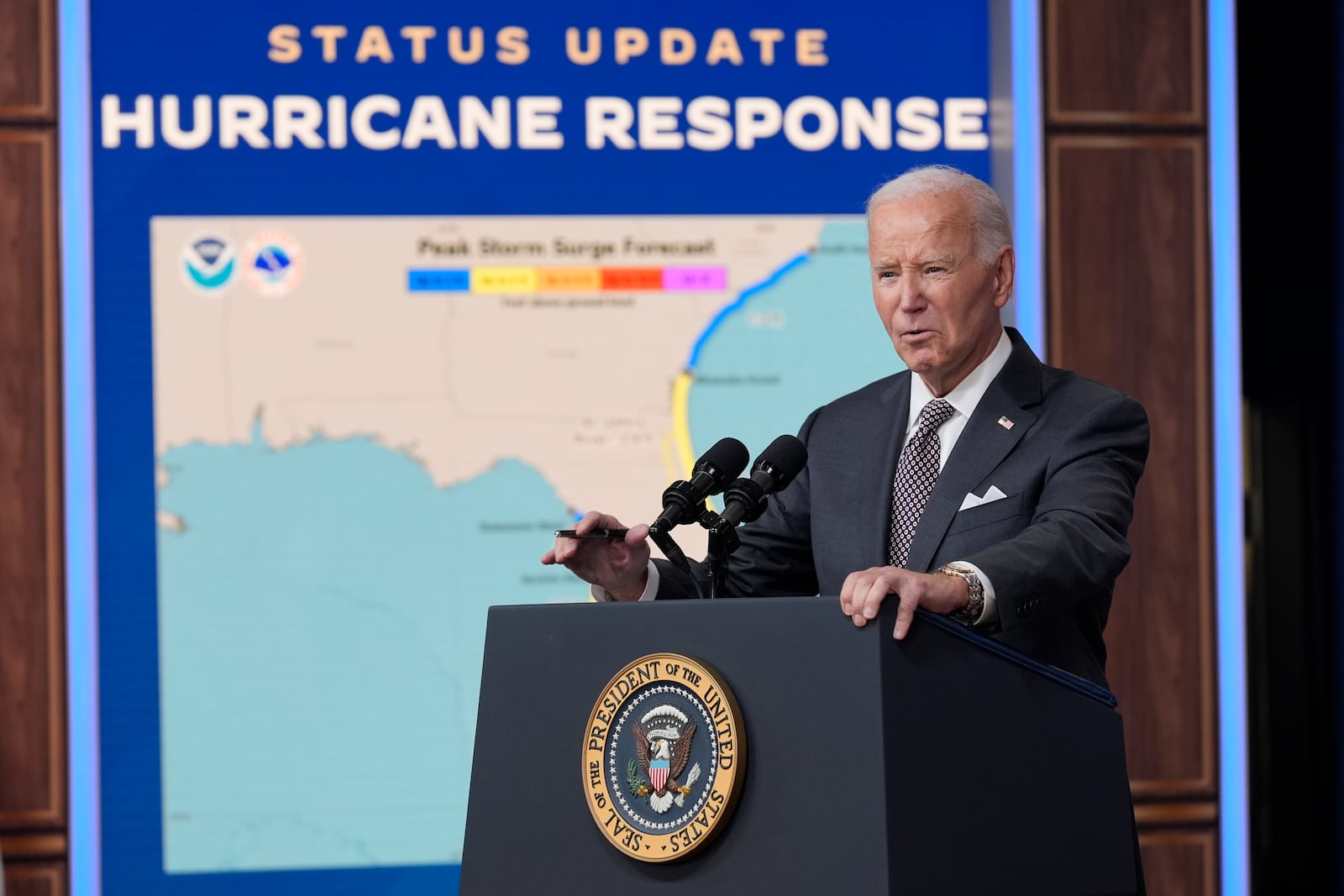 President Joe Biden speaks and gives an update on the impact and the ongoing response to Hurricane Milton, in the South Court Auditorium on the White House complex in Washington, Thursday, Oct. 10, 2024. (AP Photo/Susan Walsh)