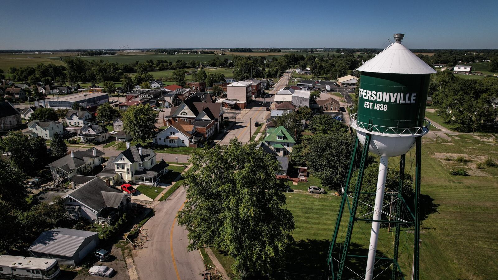 The town of Jeffersonville, population a little over 1,000, is the closest town to the, under construction, Honda and LG EV battery plant.  JIM NOELKER/STAFF