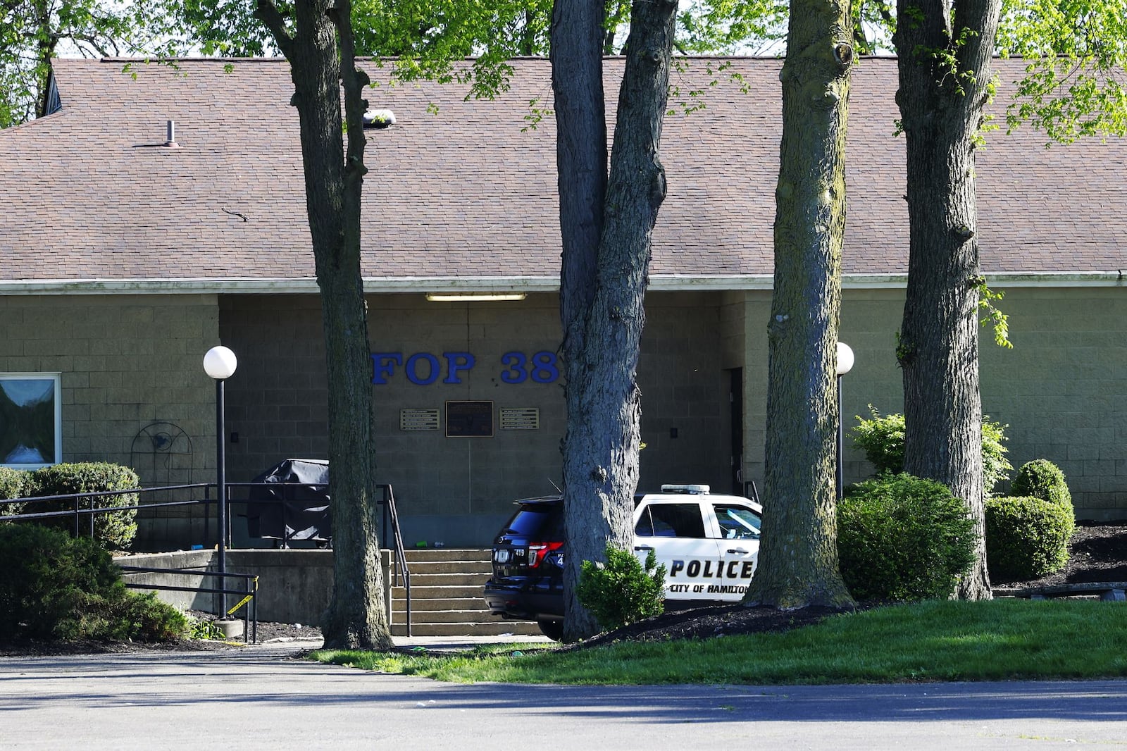 Police were still on the scene Sunday, May 
 8, 2022 at FOP Lodge 38 in Hamilton after a fata shooting there the night prior. NICK GRAHAM/STAFF