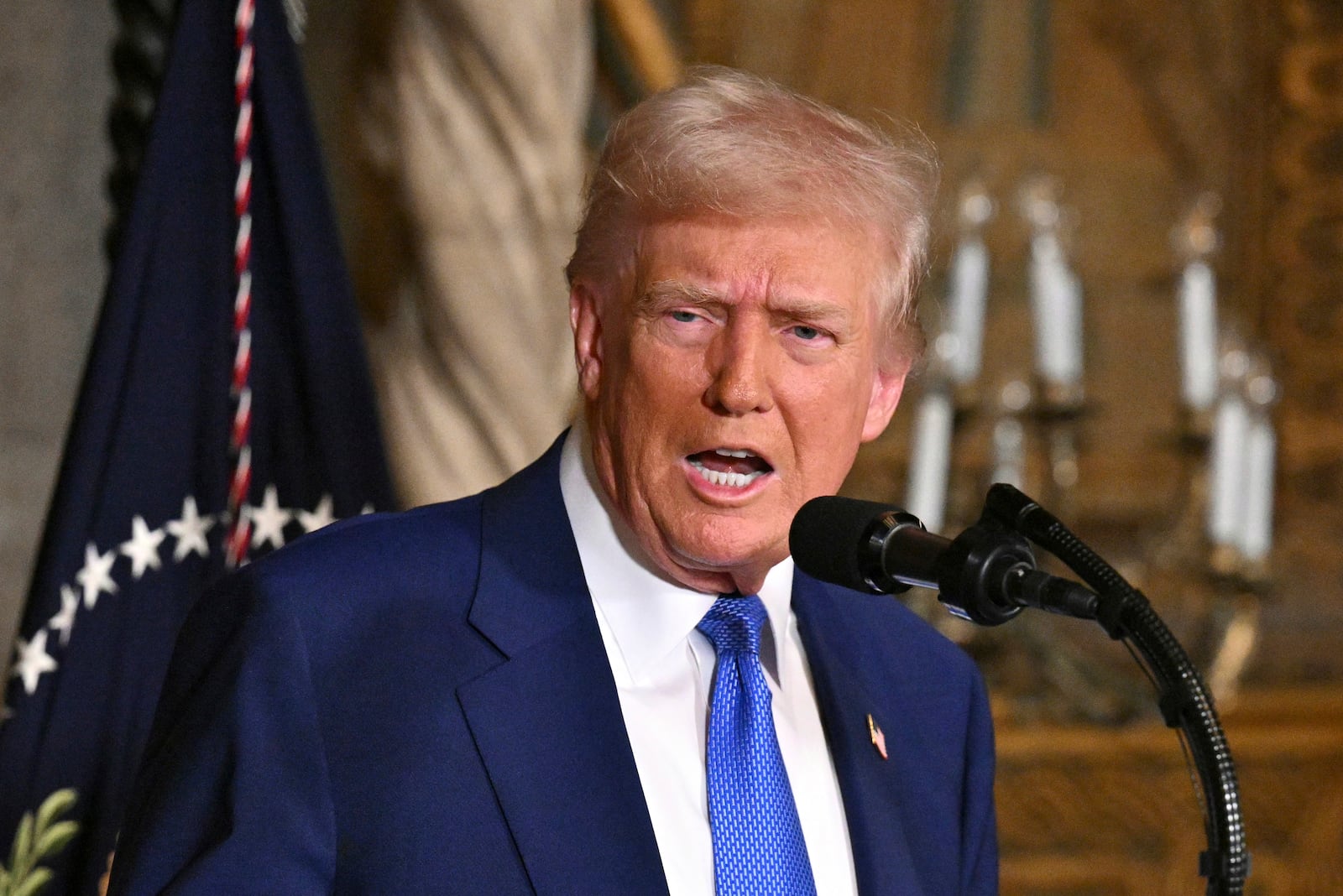 President Donald Trump speaks at Mar-a-Lago in Palm Beach, Fla., Tuesday, Feb. 18, 2025. (Pool via AP)