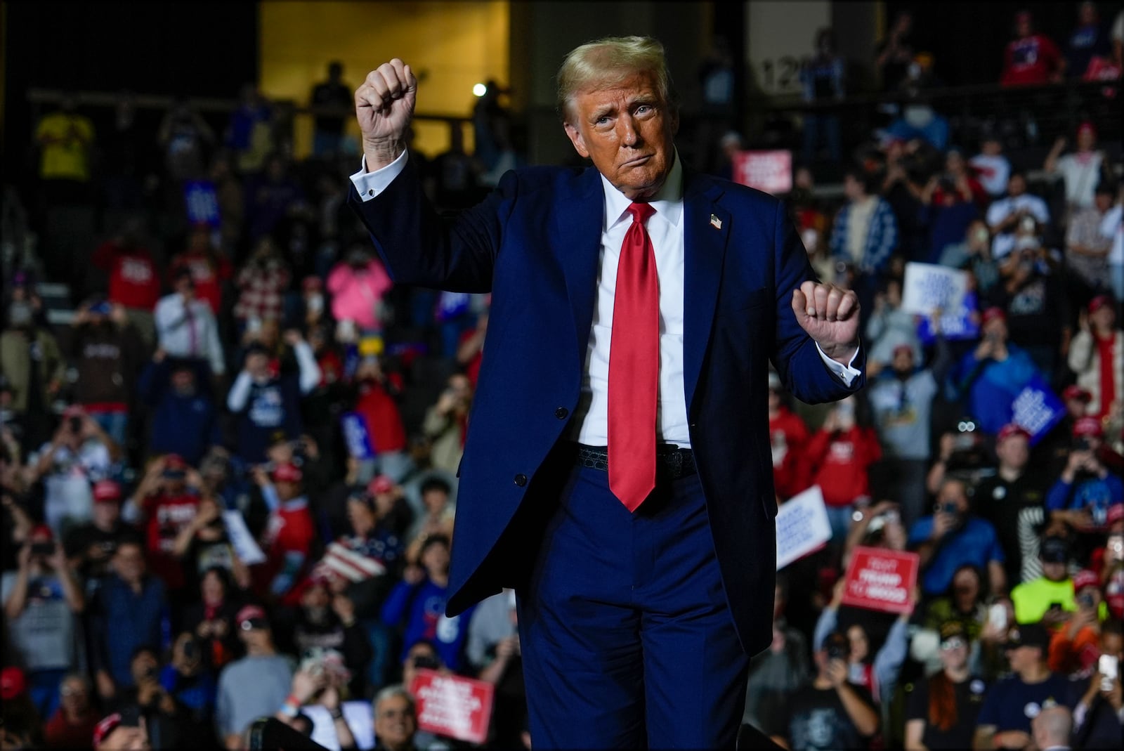 Republican presidential nominee former President Donald Trump dances at a campaign rally at PPL Center, Tuesday, Oct. 29, 2024, in Allentown, Pa. (AP Photo/Julia Demaree Nikhinson)