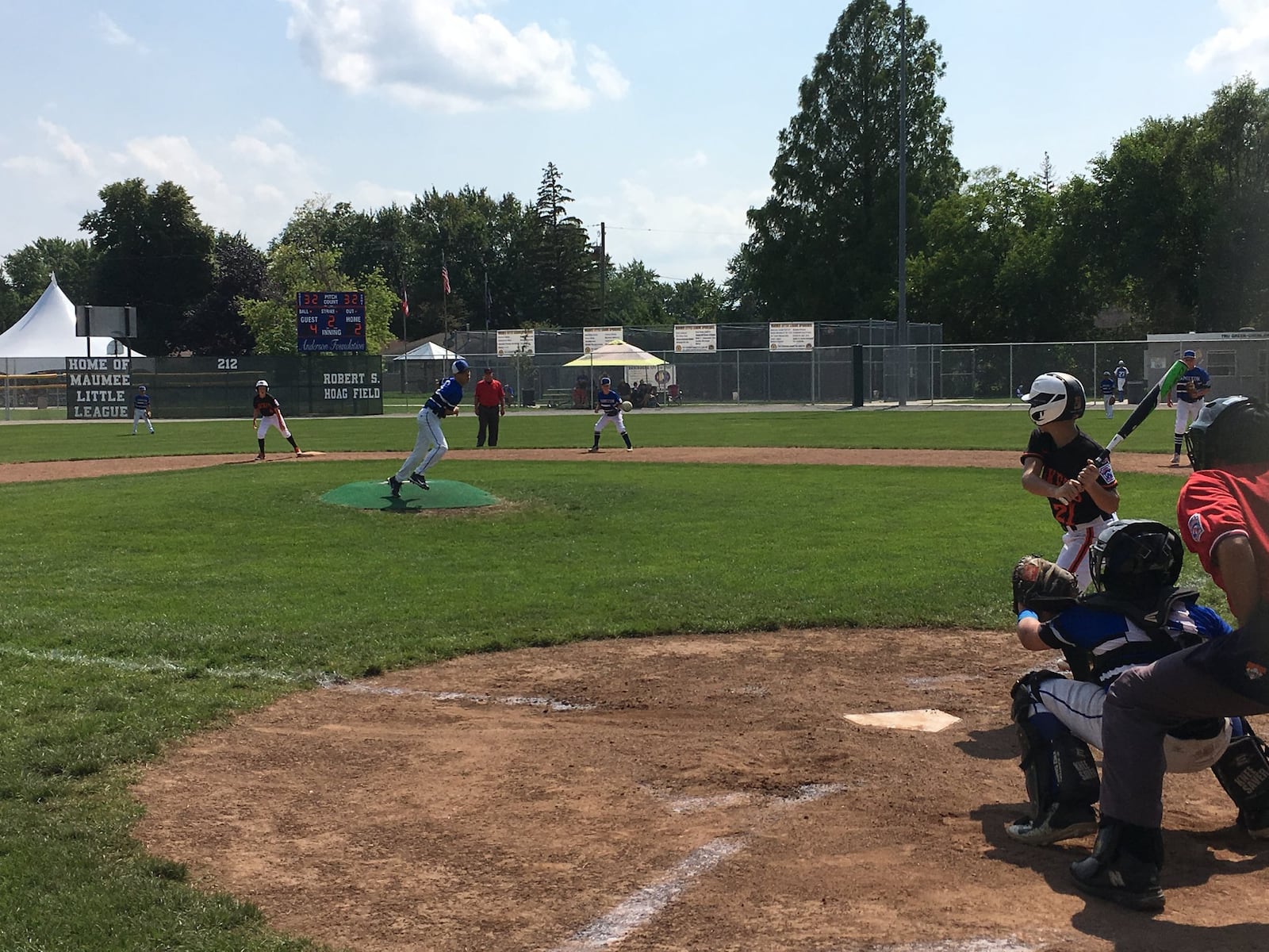 Hamilton West Side’s Lake Cundiff sends a pitch toward Mt. Vernon’s Rylan Firebaugh on Tuesday during an Ohio Little League 12-year-old baseball tournament game at Ford Park’s Robert S. Hoag Field in Maumee. West Side won 12-3. RICK CASSANO/STAFF