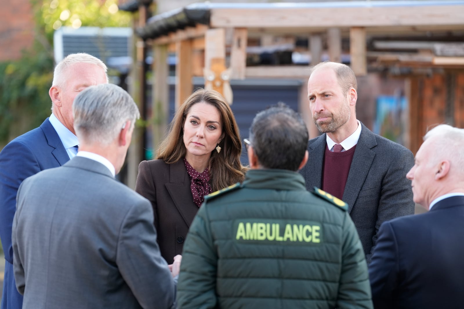 Britain's Prince William and Kate, Princess of Wales, meet members of the emergency services during a visit to Southport Community Centre to meet rescue workers and the families of those caught up in the Southport knife attack earlier this year in Southport, England, Thursday, Oct. 10, 2024. (Danny Lawson, Pool Photo via AP)