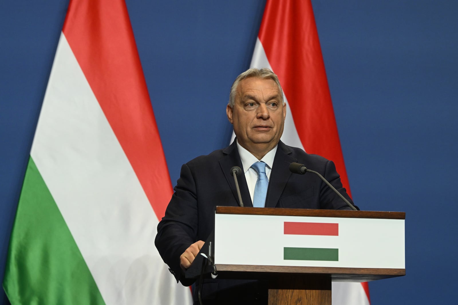 Hungarian Prime Minister Viktor Orban and Alice Weidel, the Alternative for Germany (AfD) party's candidate for chancellor, not pictured, hold a press conference following their meeting in the government headquarters in Budapest, Hungary, Wednesday, Feb. 12, 2025. (Szilard Koszticsak/MTI via AP)