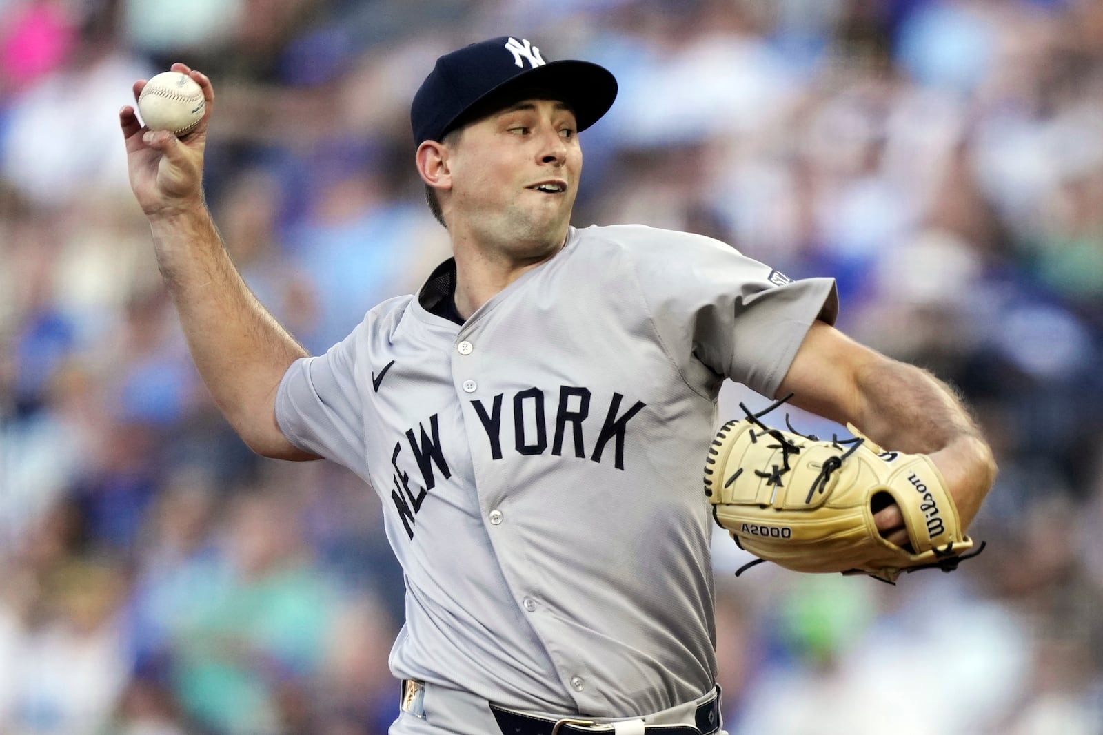 FILE - New York Yankees starting pitcher Cody Poteet throws during the first inning of a baseball game against the Kansas City Royals Wednesday, June 12, 2024, in Kansas City, Mo. (AP Photo/Charlie Riedel, File)